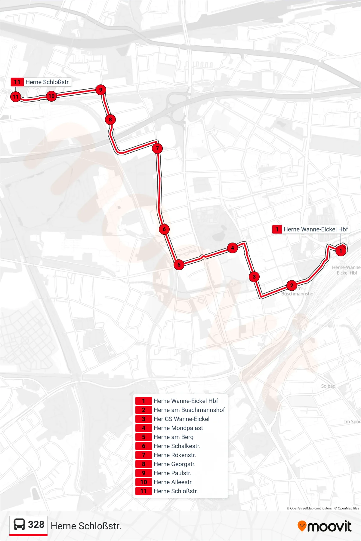 Linie 328 (Bus) Richtung Herne Schloßstr.: Route und Haltestellen auf der Karte