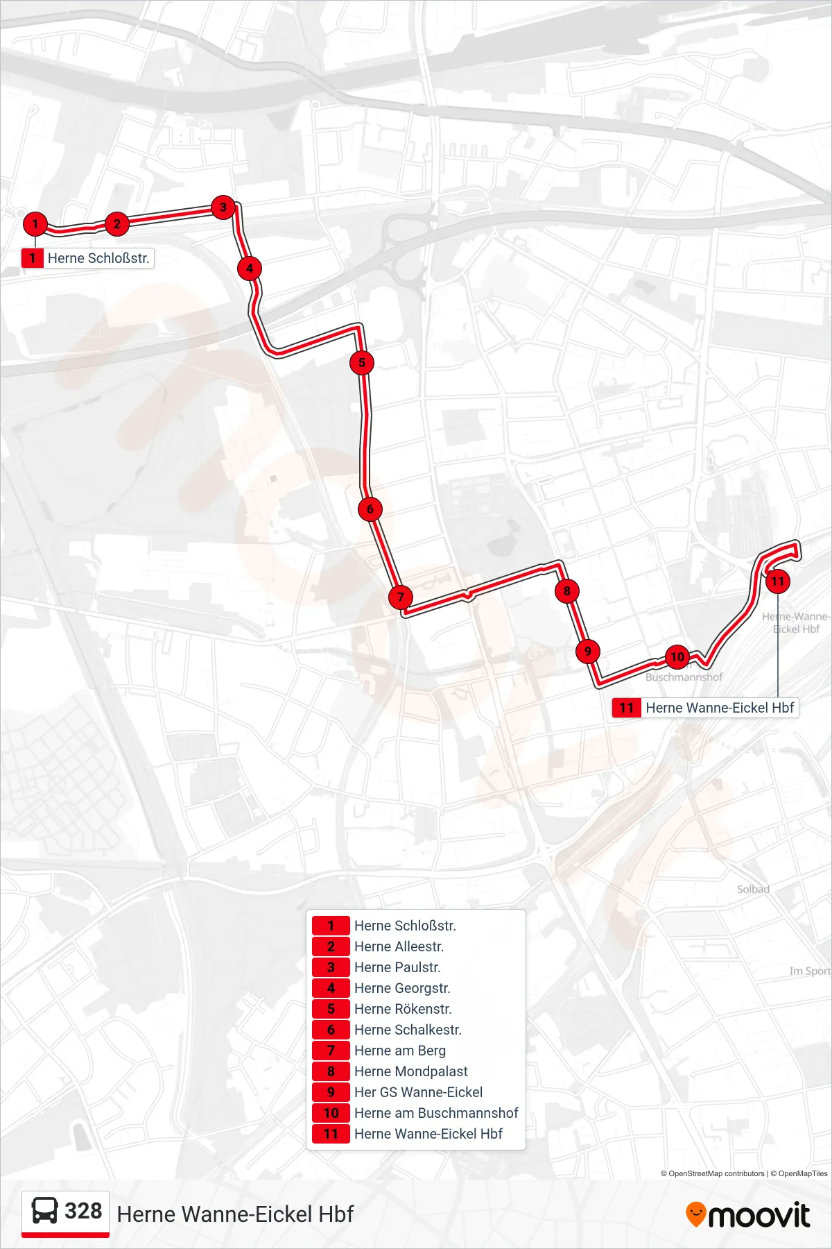 Linie 328 (Bus) Richtung Herne Wanne-Eickel Hbf: Route und Haltestellen auf der Karte