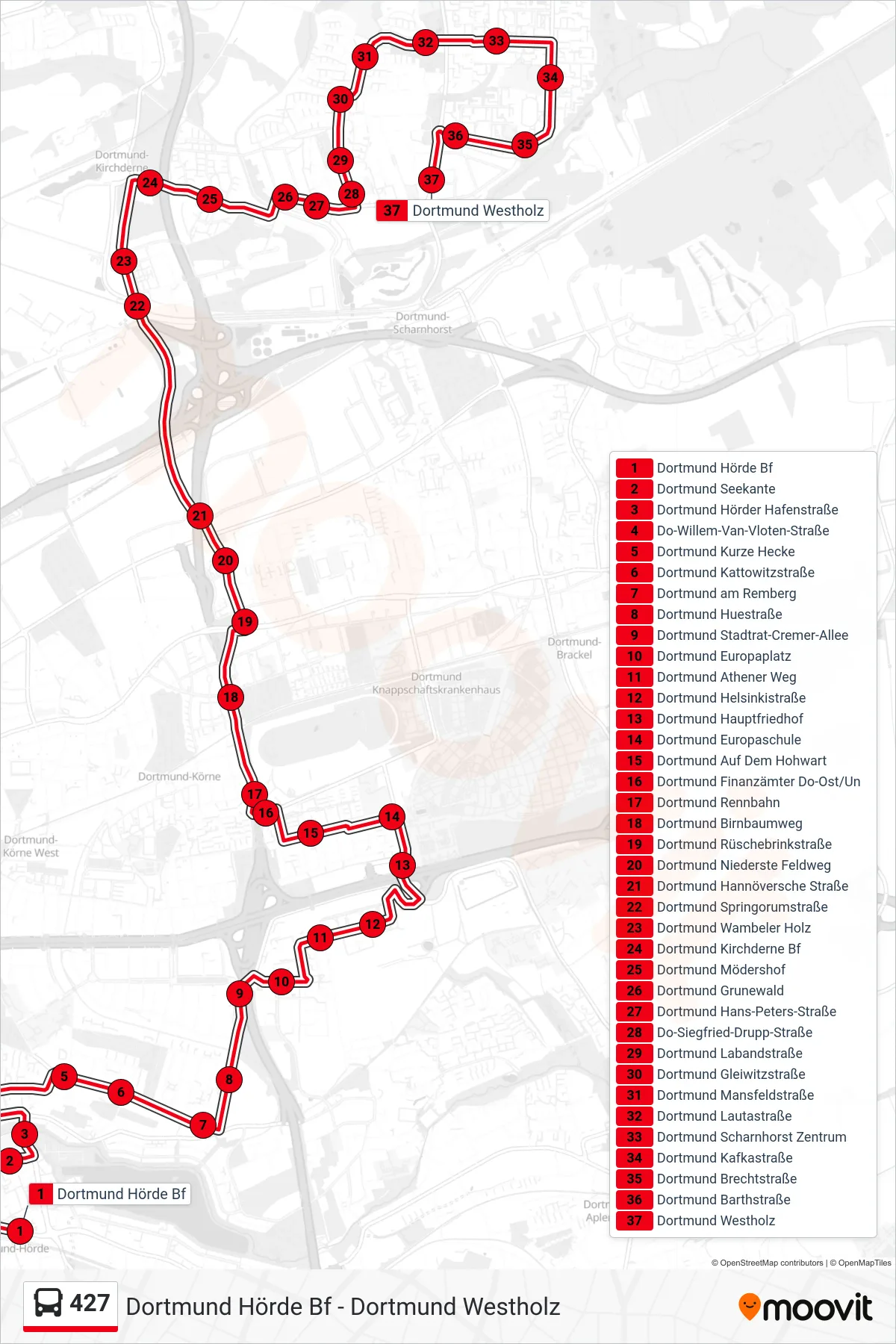 Linie 427 (Bus) Richtung Dortmund Westholz: Route und Haltestellen auf der Karte