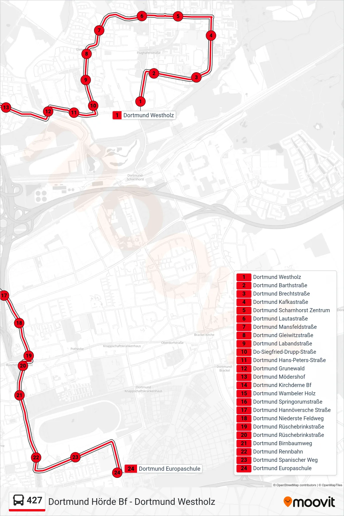 Linie 427 (Bus) Richtung Dortmund Europaschule: Route und Haltestellen auf der Karte