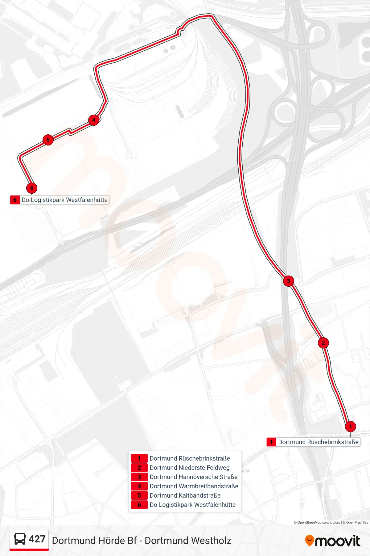 Linie 427 (Bus) Richtung Do-Logistikpark Westfalenhütte: Route und Haltestellen auf der Karte