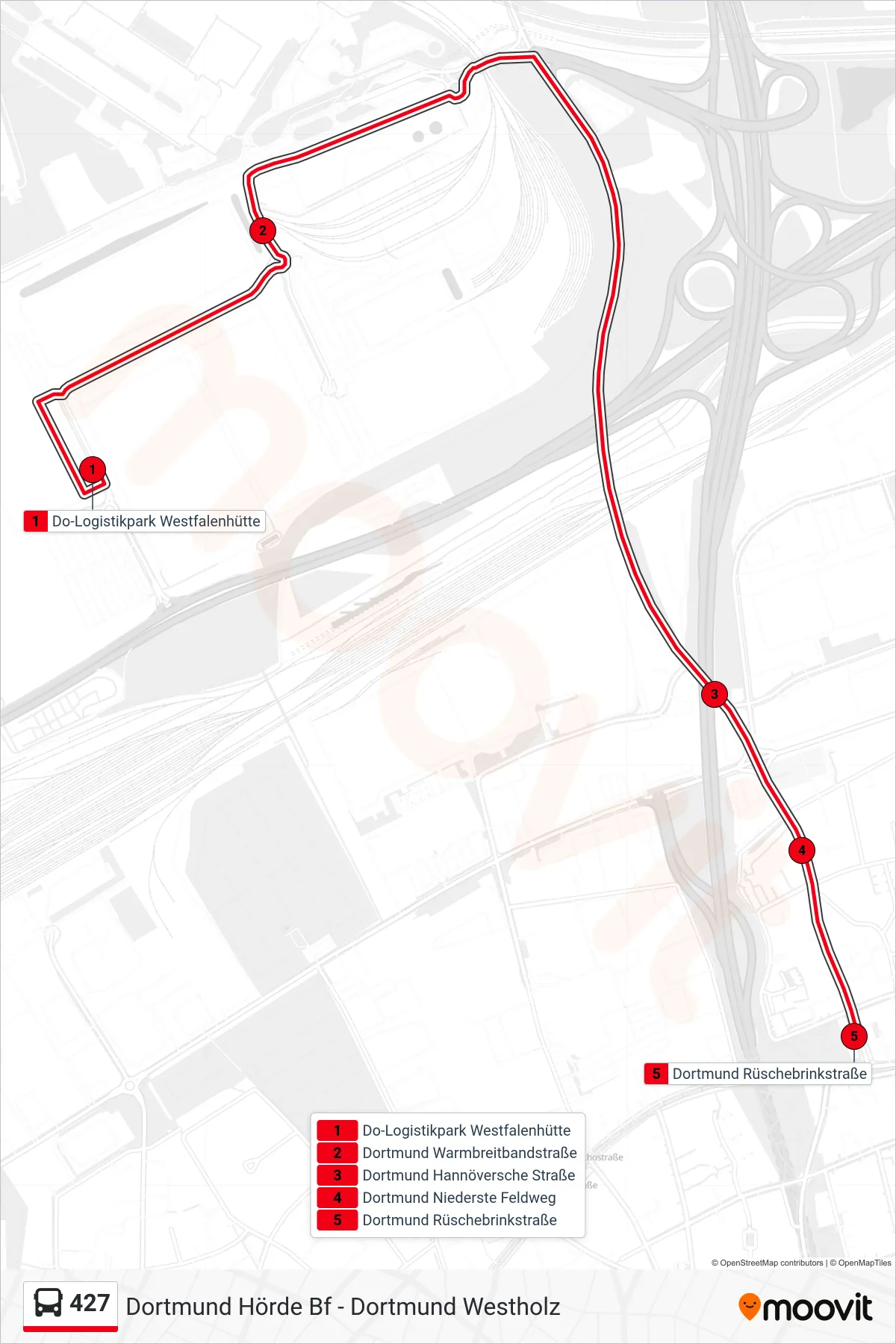 Linie 427 (Bus) Richtung Dortmund Rüschebrinkstraße: Route und Haltestellen auf der Karte