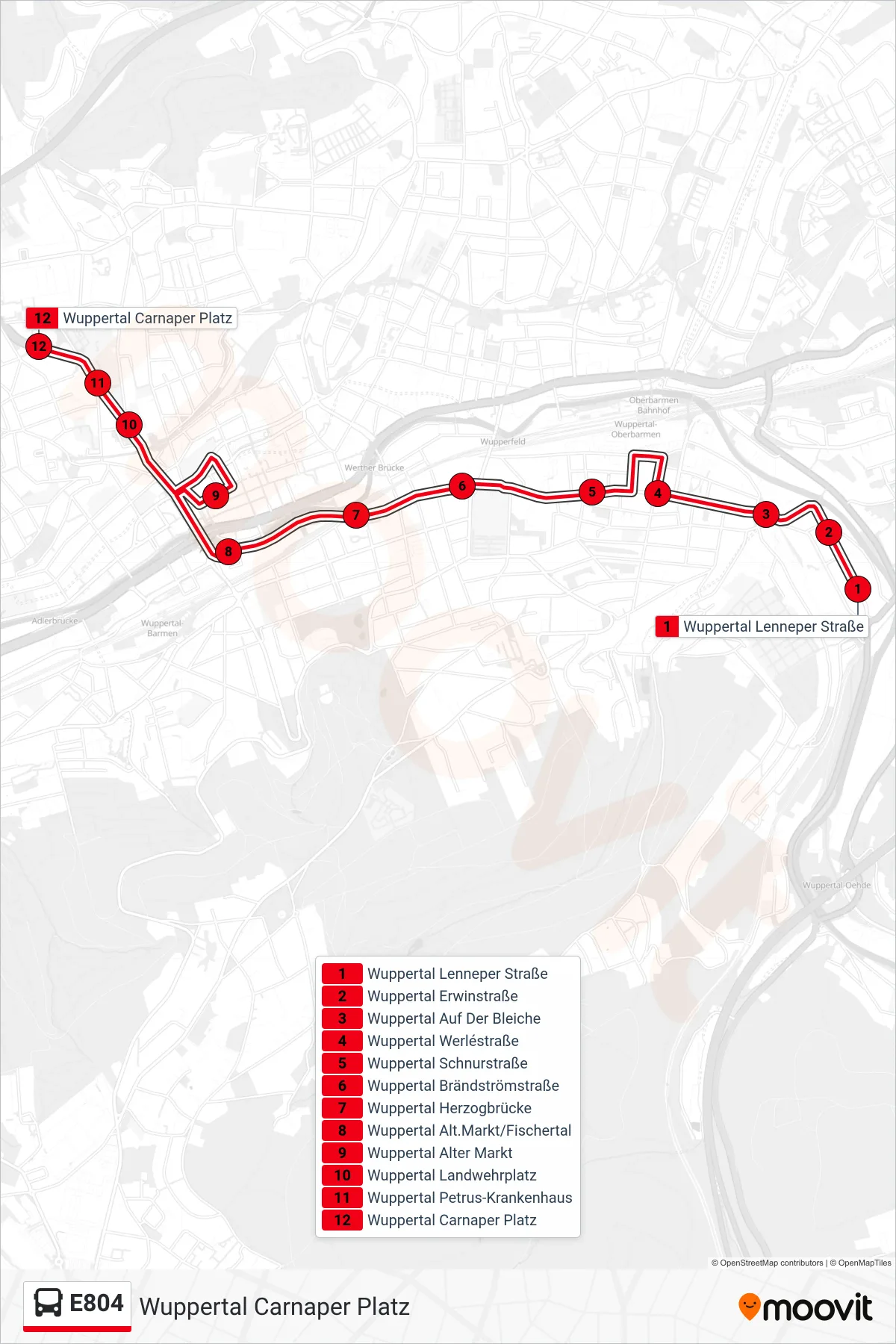 Linie E804 (Bus) Richtung Wuppertal Carnaper Platz: Route und Haltestellen auf der Karte