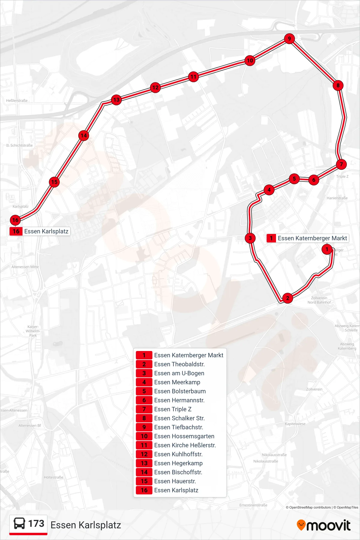 Linie 173 (Bus) Richtung Essen Karlsplatz: Route und Haltestellen auf der Karte