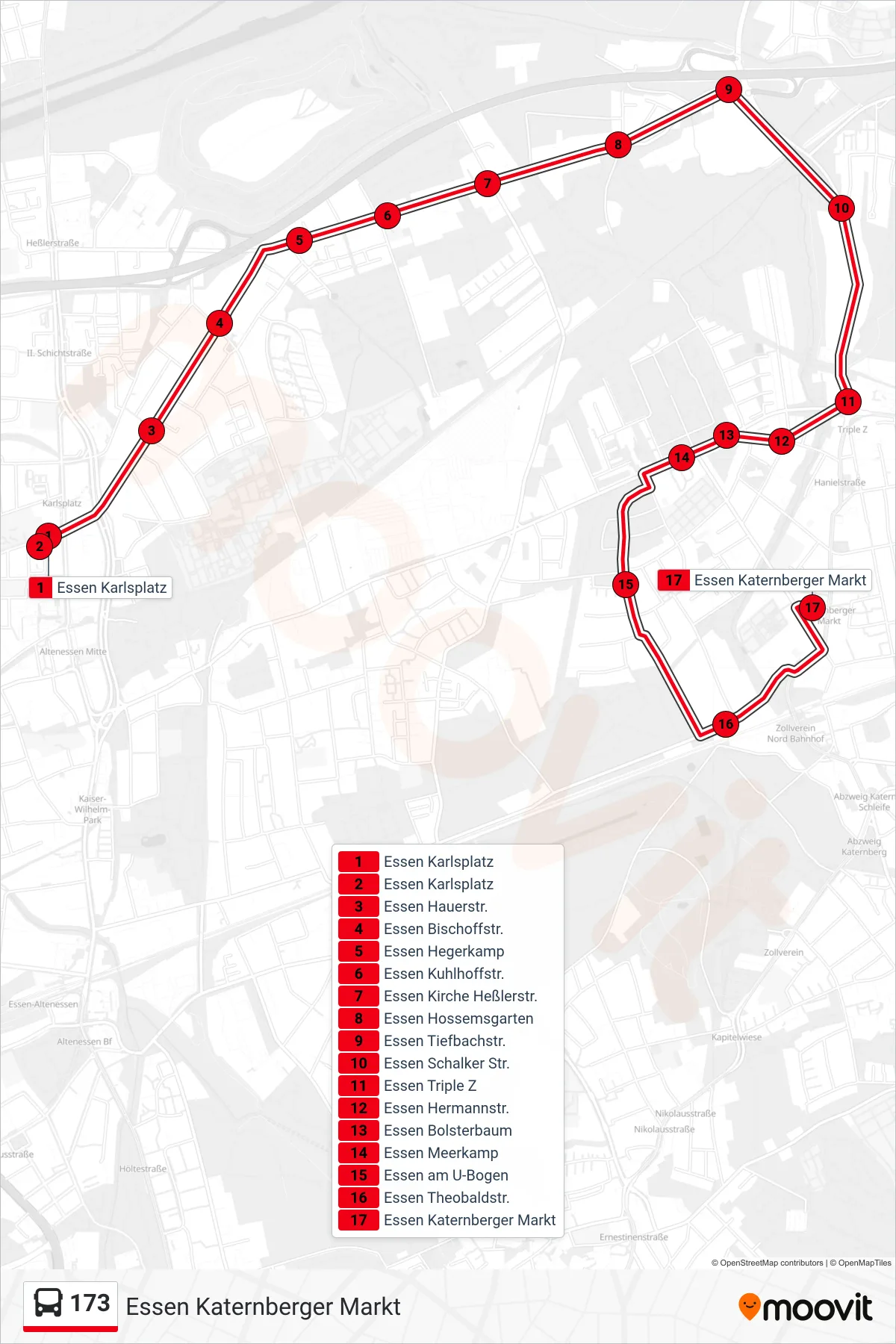 Linie 173 (Bus) Richtung Essen Katernberger Markt: Route und Haltestellen auf der Karte