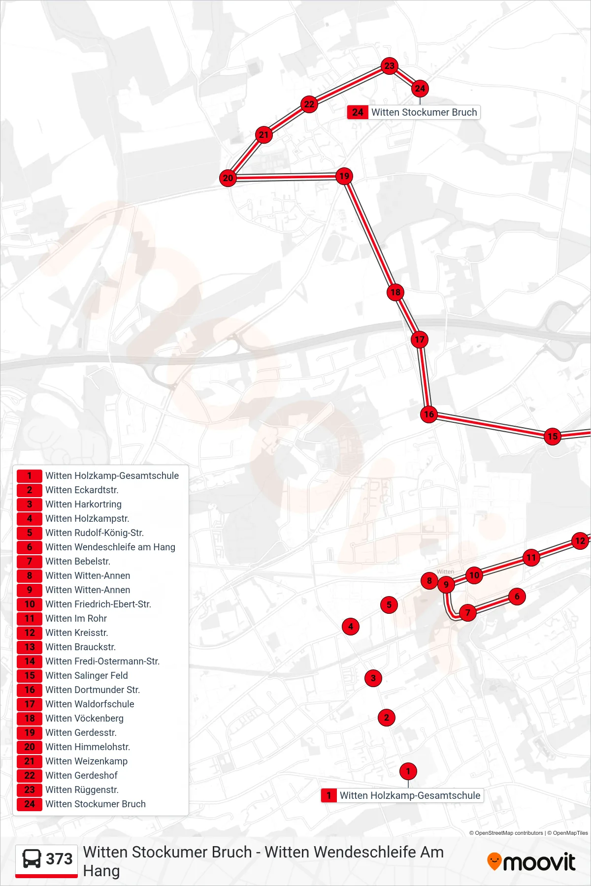 373 bus Line (Witten Stockumer Bruch) route and stops on a map