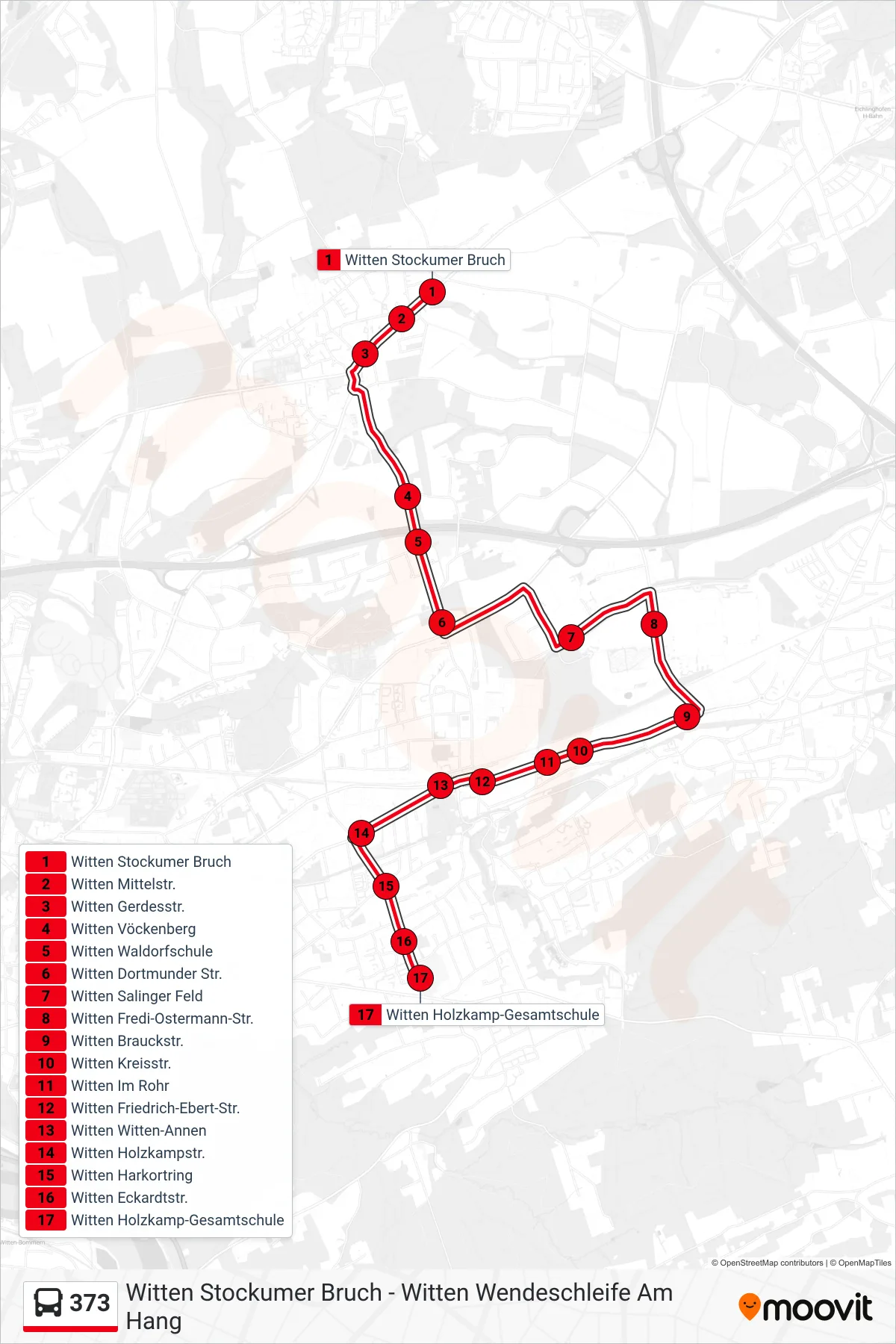 Linie 373 (Bus) Richtung Witten Holzkamp-Gesamtschule: Route und Haltestellen auf der Karte
