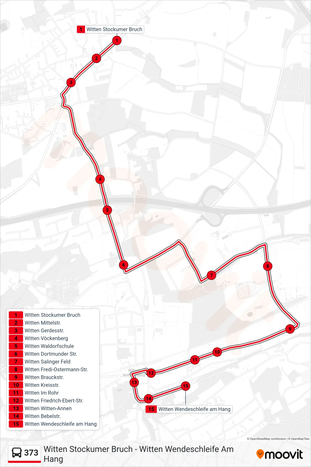 Linie 373 (Bus) Richtung Witten Wendeschleife am Hang: Route und Haltestellen auf der Karte