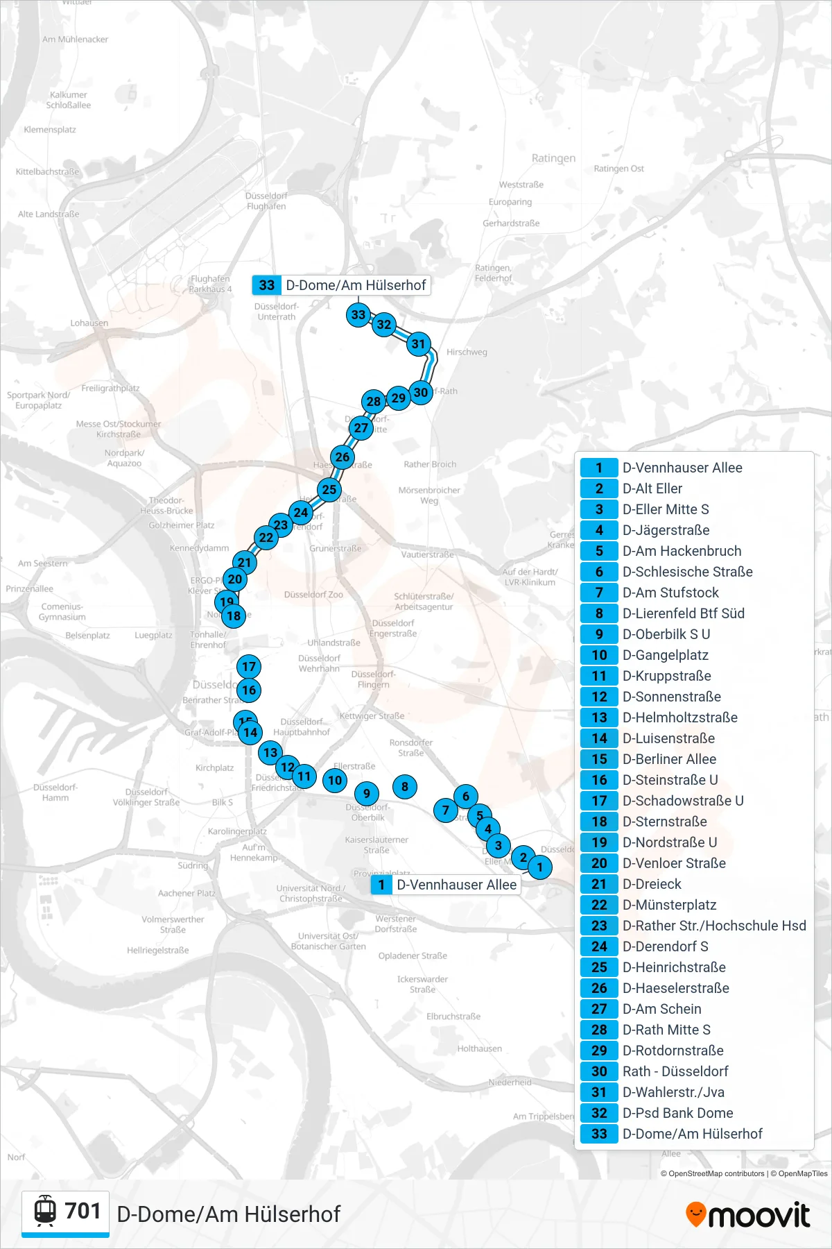 Linie 701 (Straßenbahn) Richtung D-Dome/Am Hülserhof: Route und Haltestellen auf der Karte