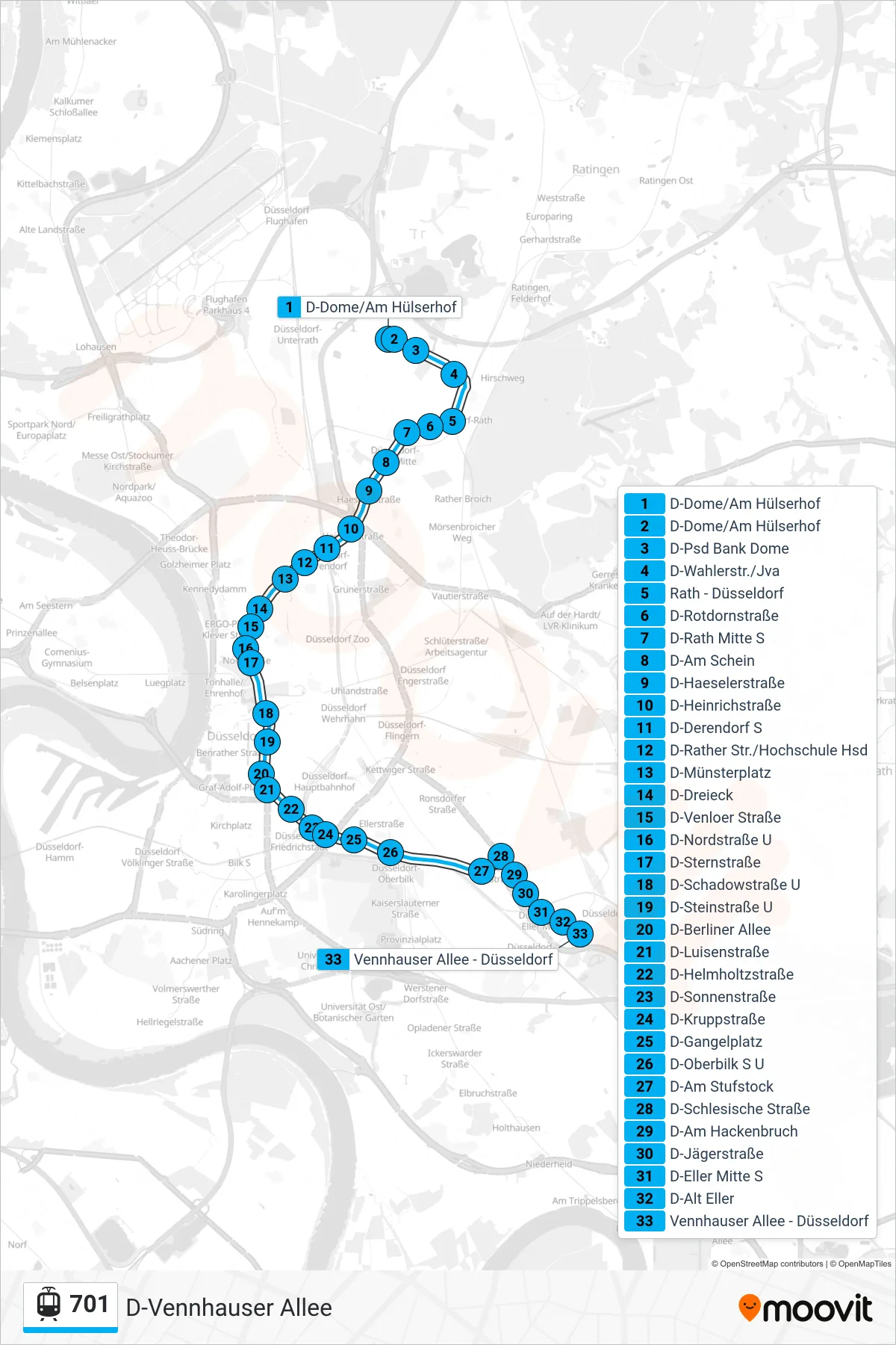 Linie 701 (Tram) Richtung D-Vennhauser Allee: Route und Haltestellen auf der Karte