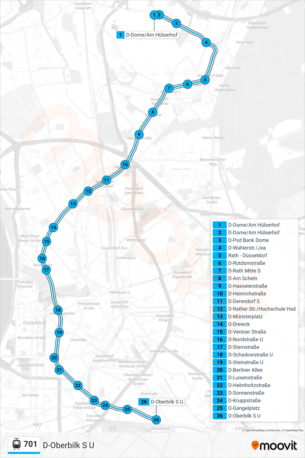 Linie 701 (Straßenbahn) Richtung D-Oberbilk S U: Route und Haltestellen auf der Karte