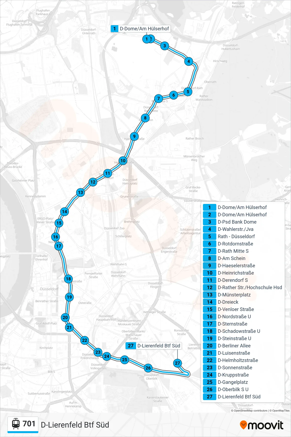 Linie 701 (Straßenbahn) Richtung D-Lierenfeld Btf Süd: Route und Haltestellen auf der Karte