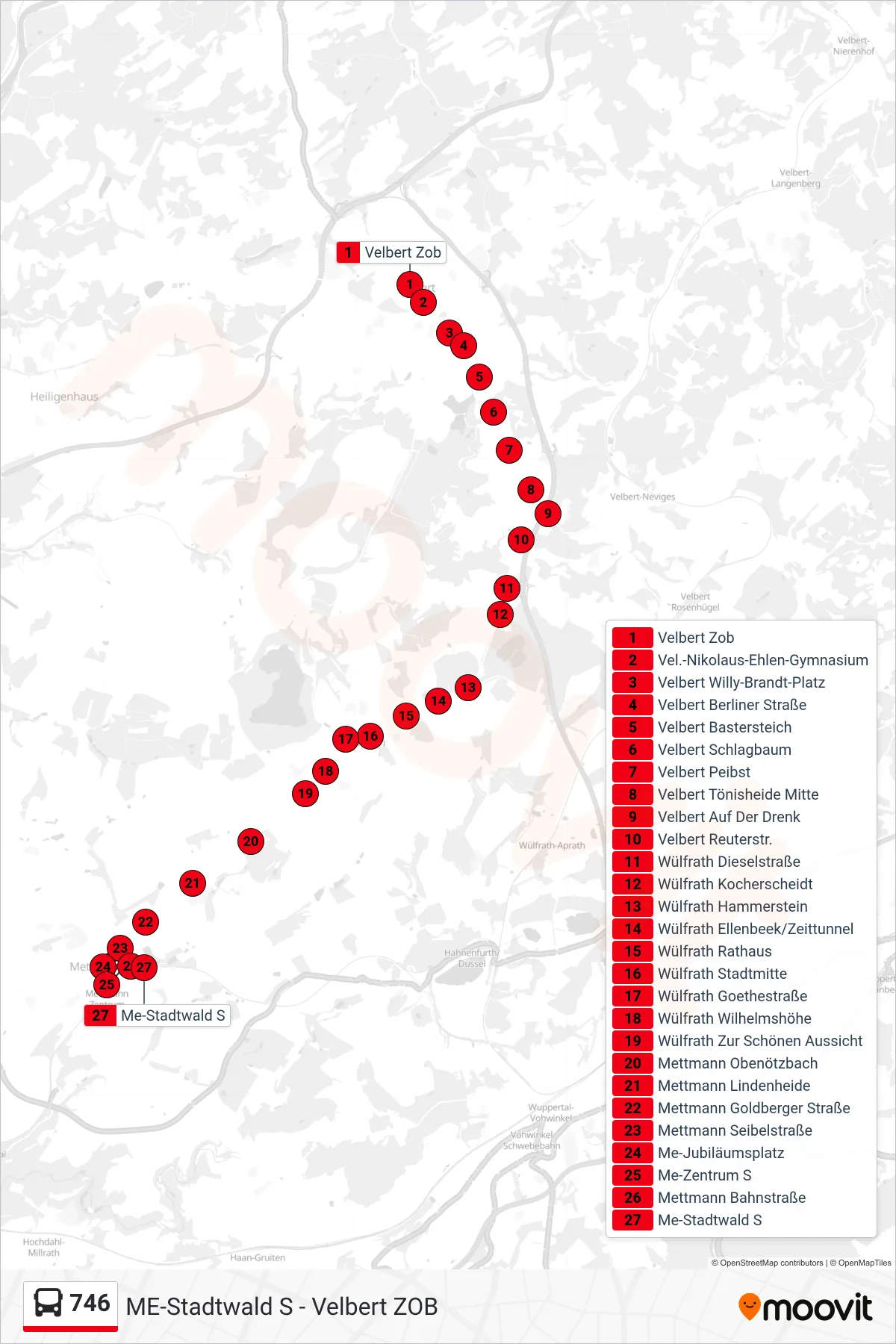 Linie 746 (Bus) Richtung Me-Stadtwald S: Route und Haltestellen auf der Karte