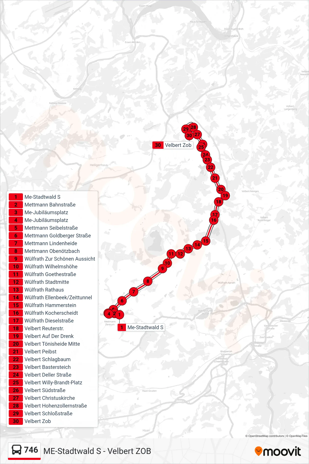 Linie 746 (Bus) Richtung Velbert Zob: Route und Haltestellen auf der Karte
