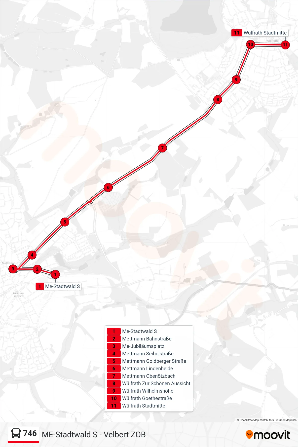 Linie 746 (Bus) Richtung Wülfrath Stadtmitte: Route und Haltestellen auf der Karte