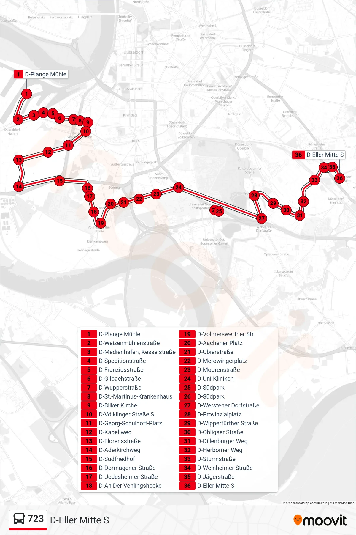 Linie 723 (Bus) Richtung D-Eller Mitte S: Route und Haltestellen auf der Karte
