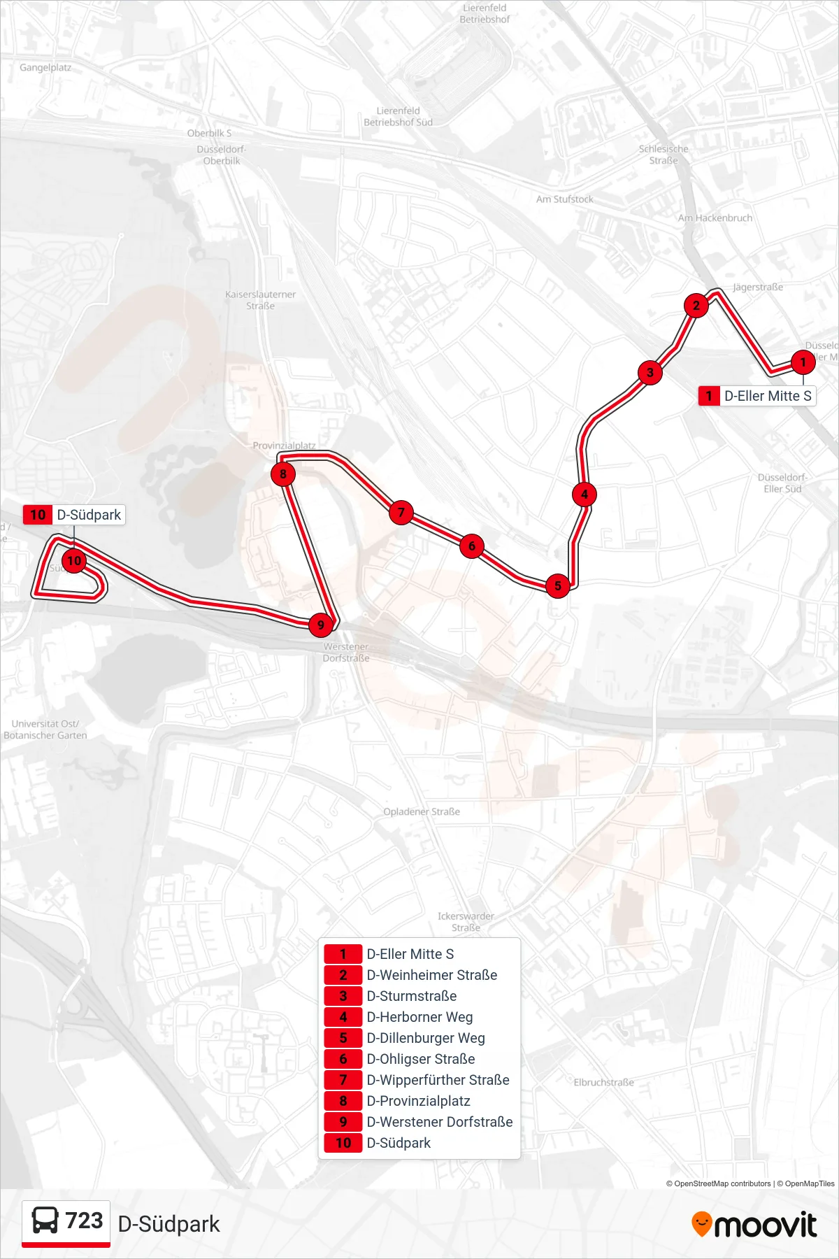 Linie 723 (Bus) Richtung D-Südpark: Route und Haltestellen auf der Karte
