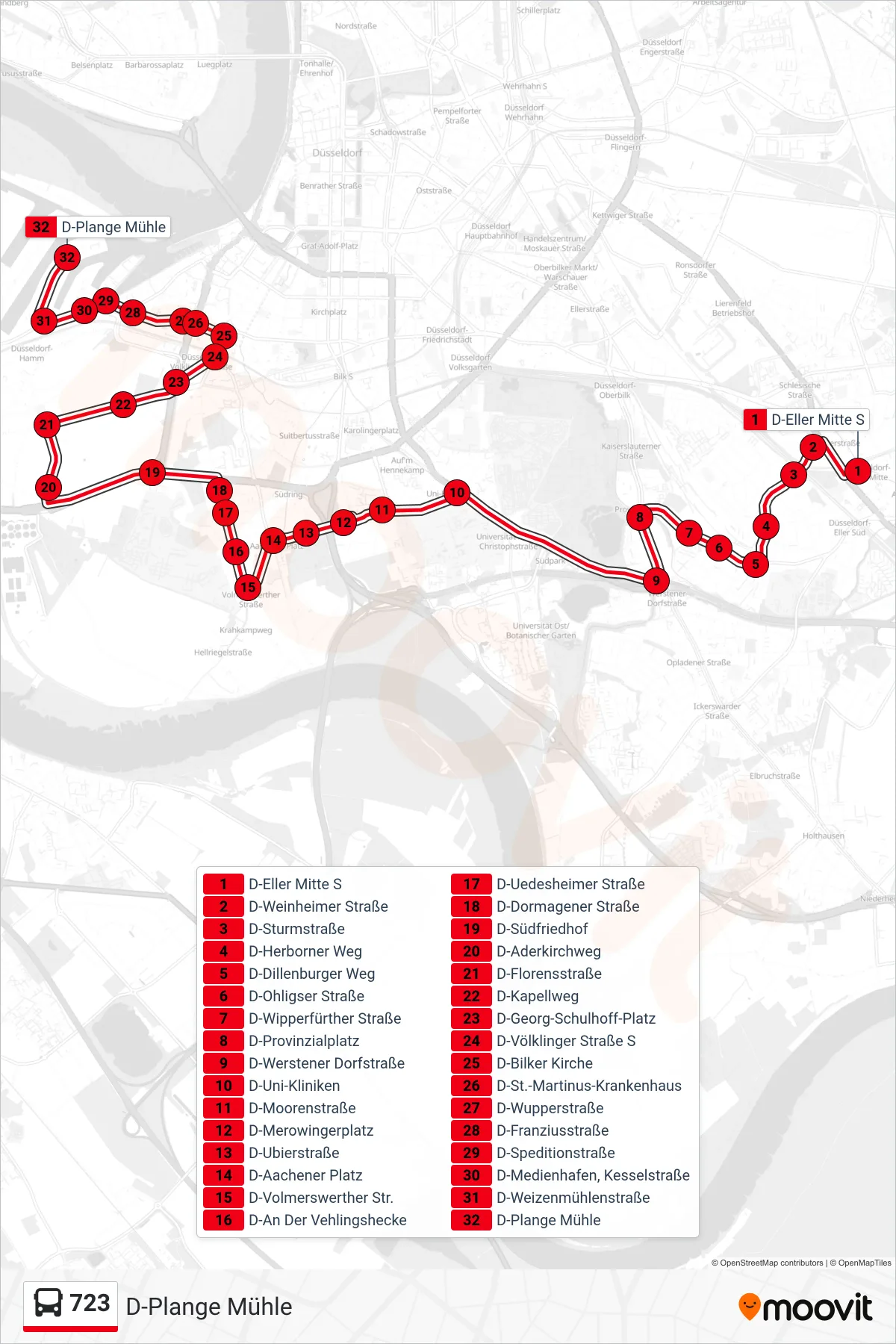 723 bus Line (D-Plange Mühle) route and stops on a map
