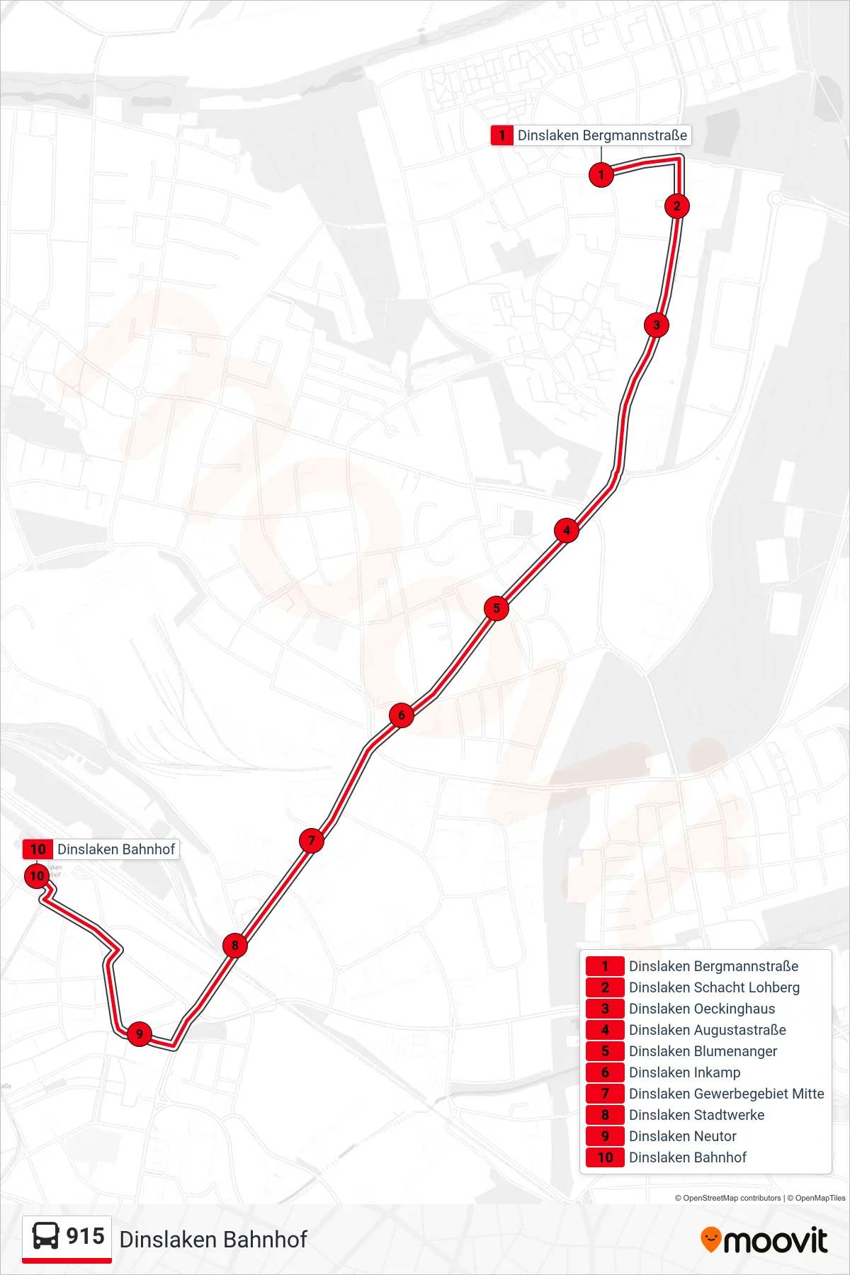 Linie 915 (Bus) Richtung Dinslaken Bahnhof: Route und Haltestellen auf der Karte