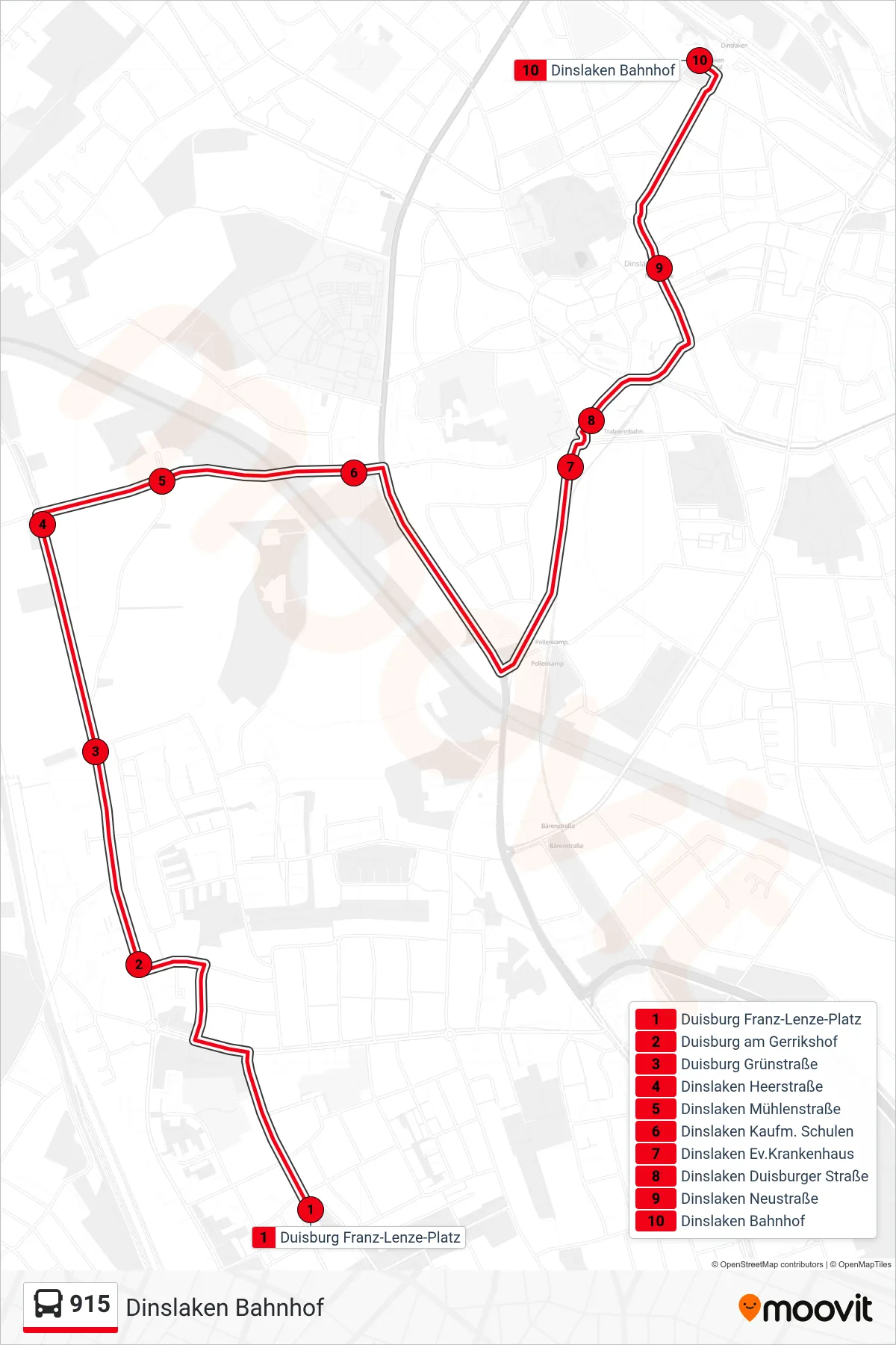Linie 915 (Bus) Richtung Dinslaken Bahnhof: Route und Haltestellen auf der Karte