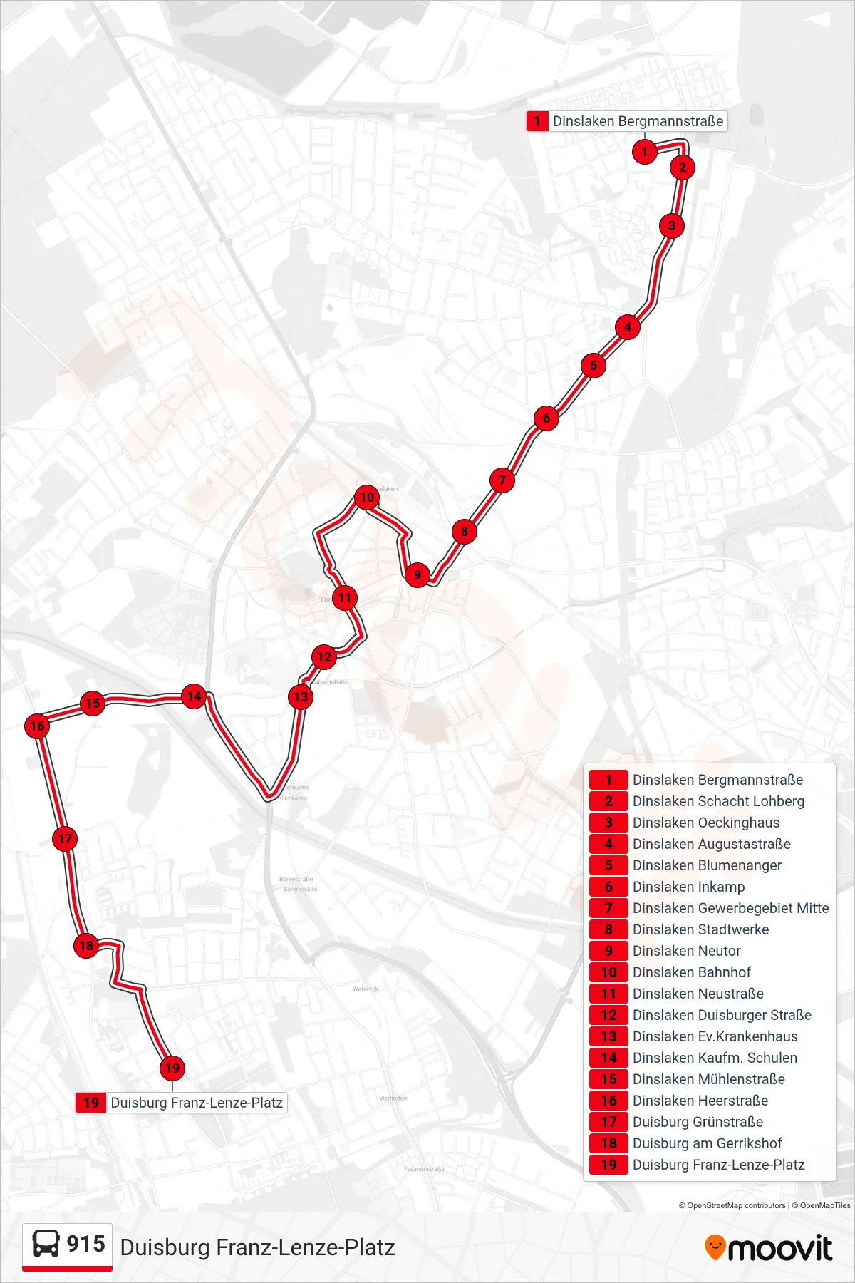 915 bus Line (Duisburg Franz-Lenze-Platz) route and stops on a map
