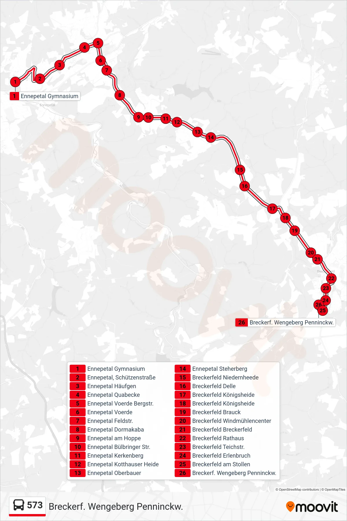 Linie 573 (Bus) Richtung Breckerf. Wengeberg Penninckw.: Route und Haltestellen auf der Karte