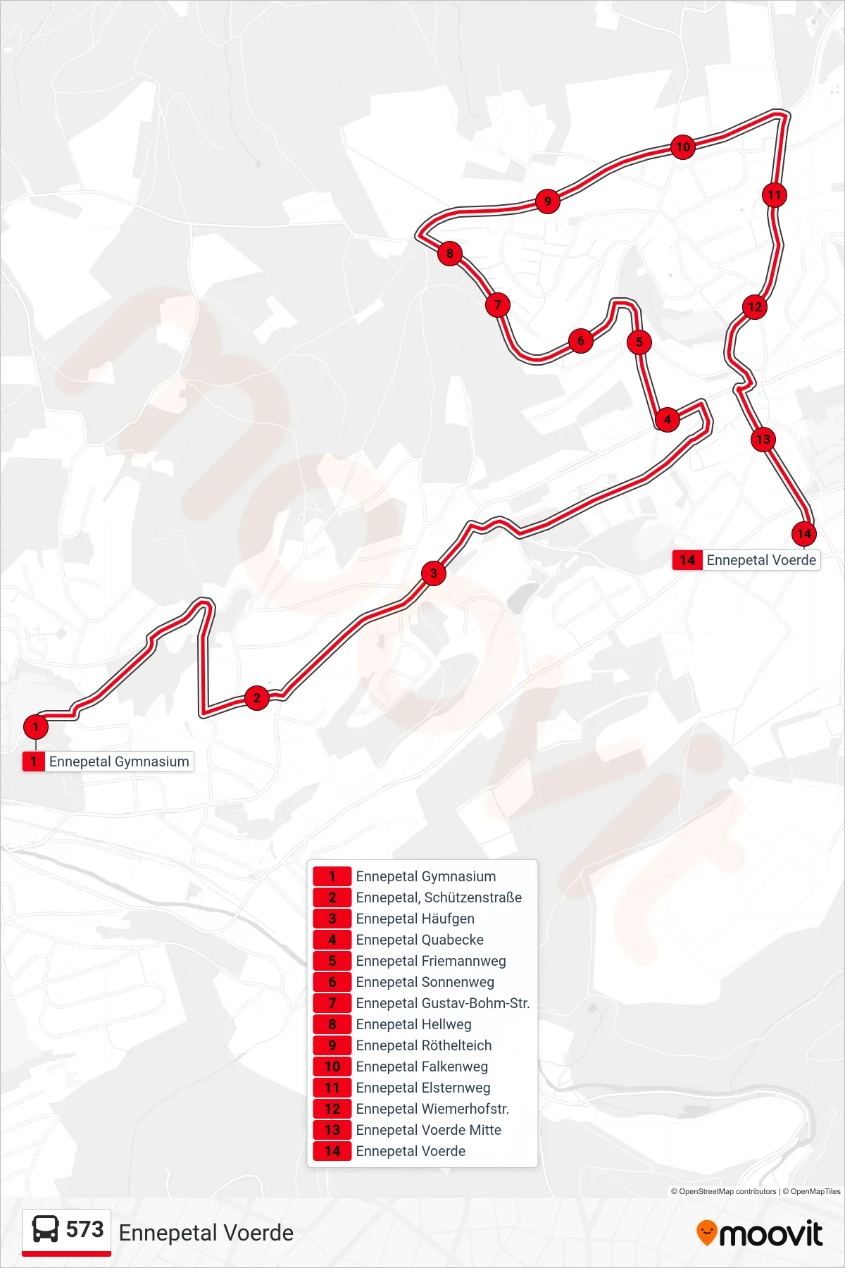 573 bus Line (Ennepetal Voerde) route and stops on a map