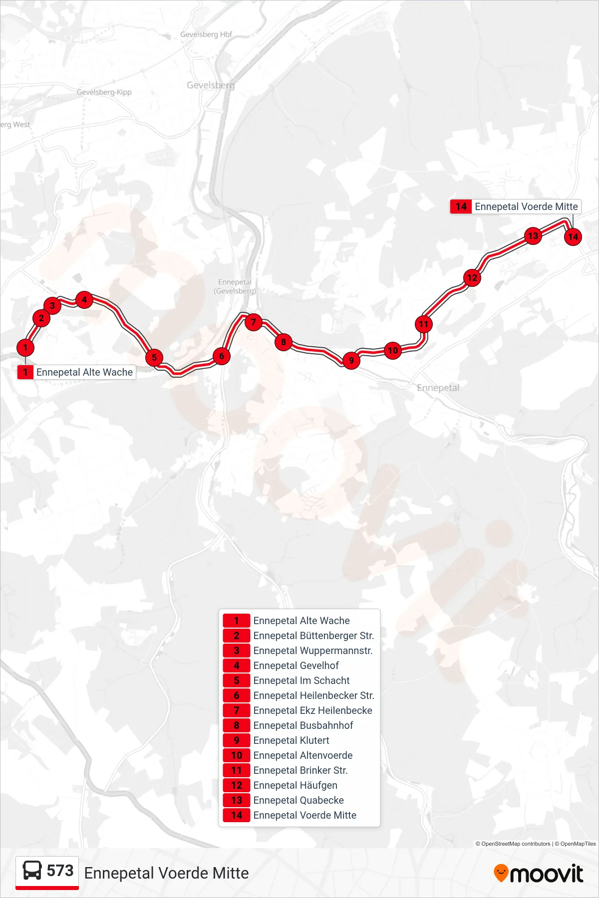 Linie 573 (Bus) Richtung Ennepetal Voerde Mitte: Route und Haltestellen auf der Karte