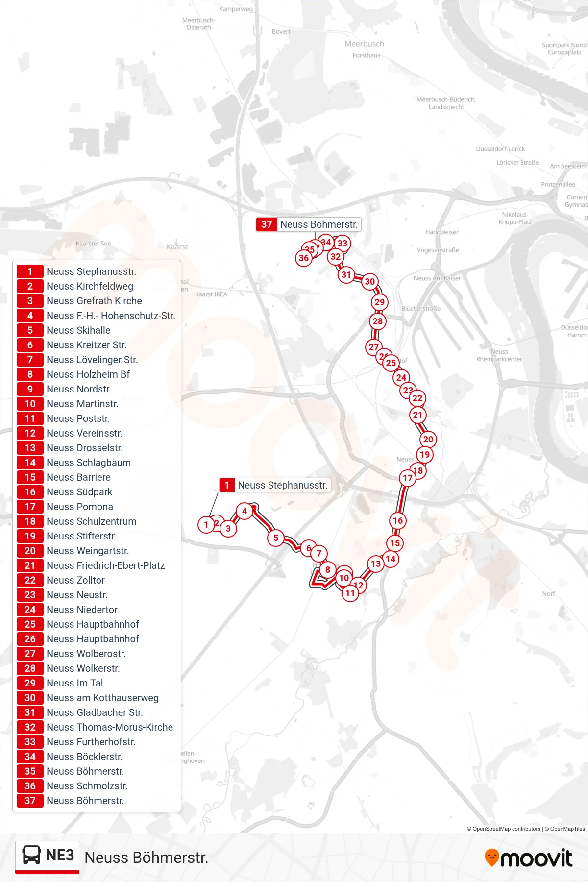 Linie NE3 (Bus) Richtung Neuss Böhmerstr.: Route und Haltestellen auf der Karte