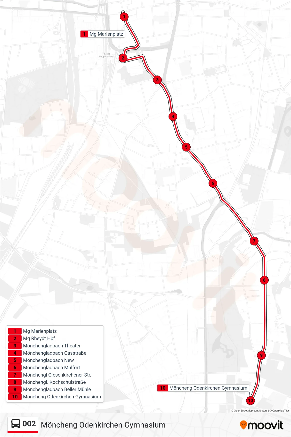 002 bus Line (Möncheng Odenkirchen Gymnasium) route and stops on a map