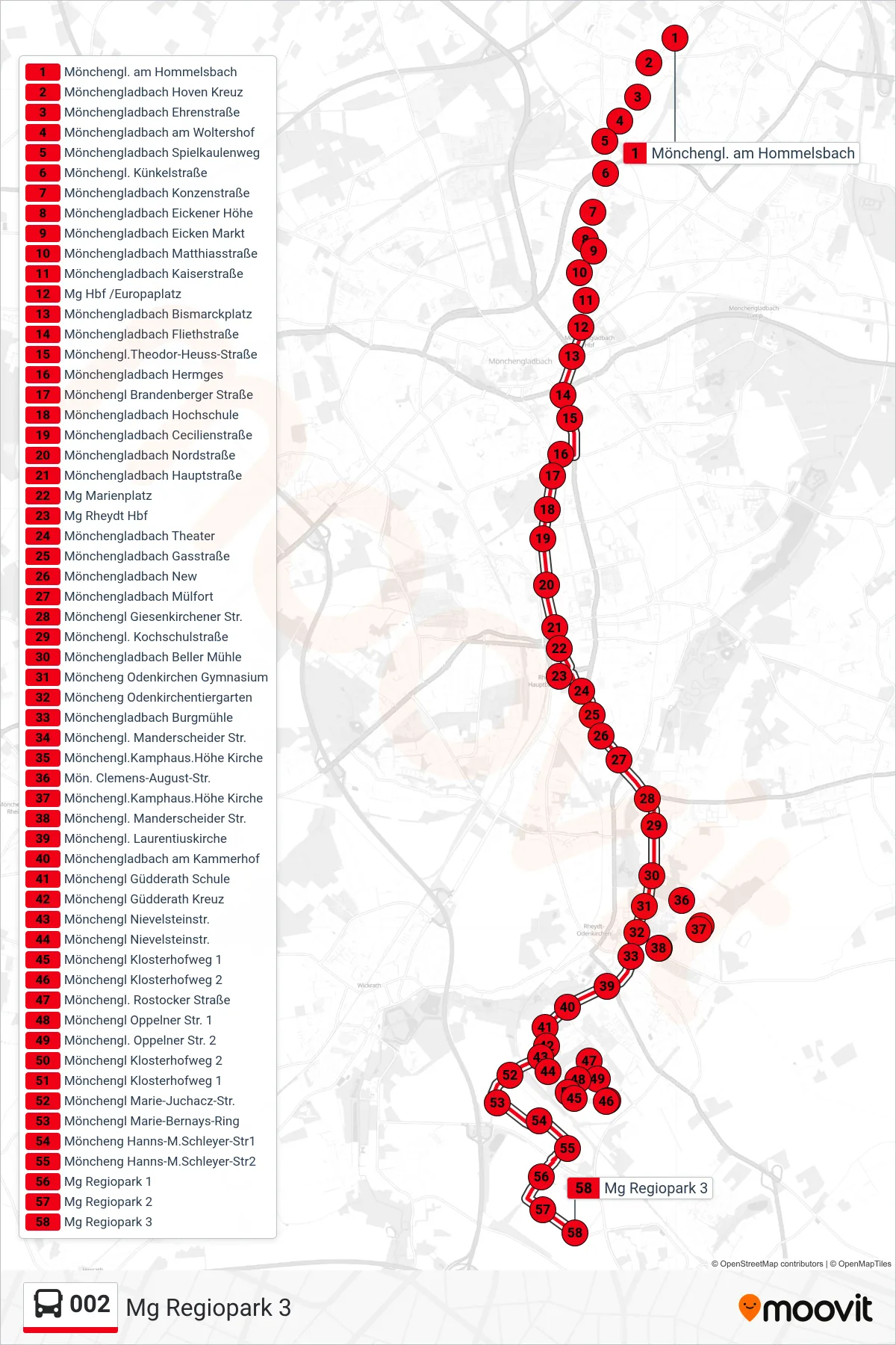 Linie 002 (Bus) Richtung Mg Regiopark 3: Route und Haltestellen auf der Karte