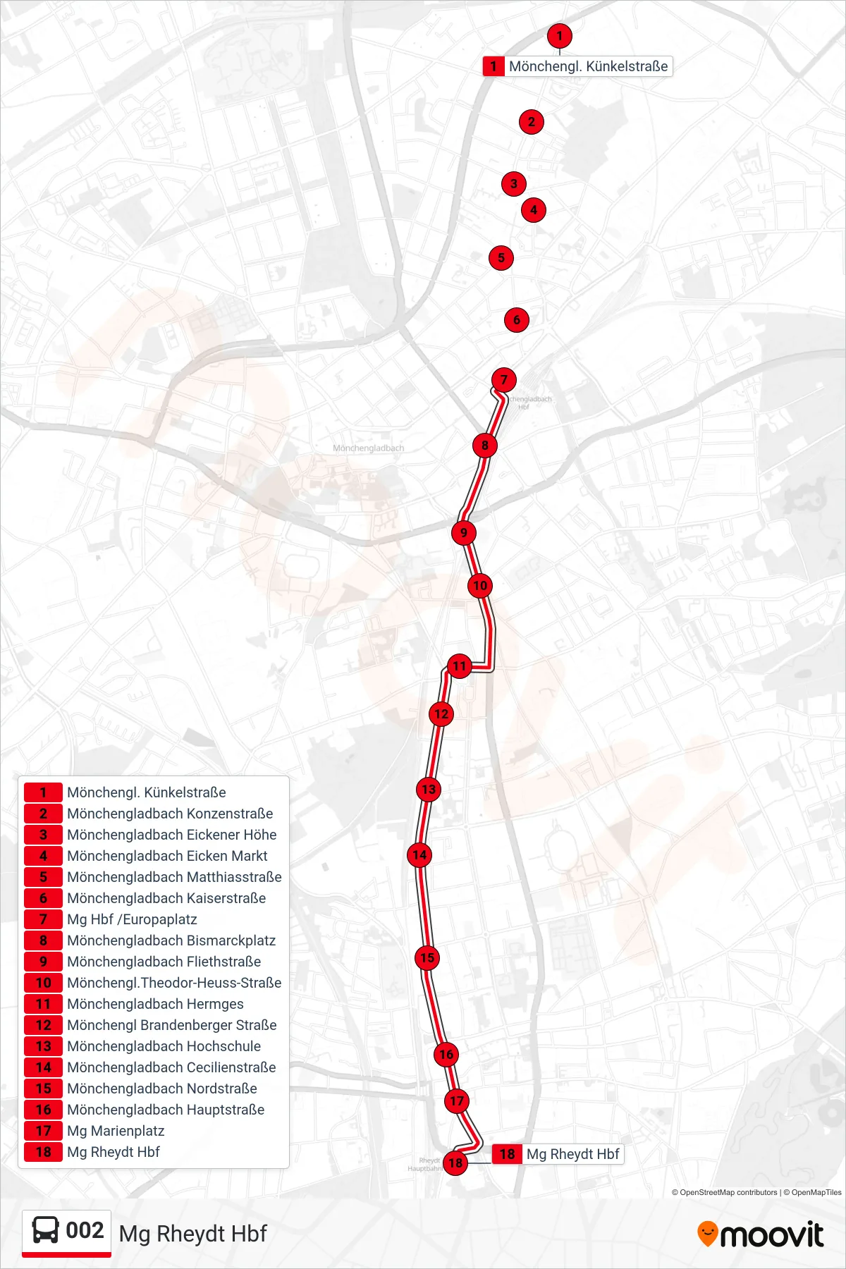 Linie 002 (Bus) Richtung Mg Rheydt Hbf: Route und Haltestellen auf der Karte