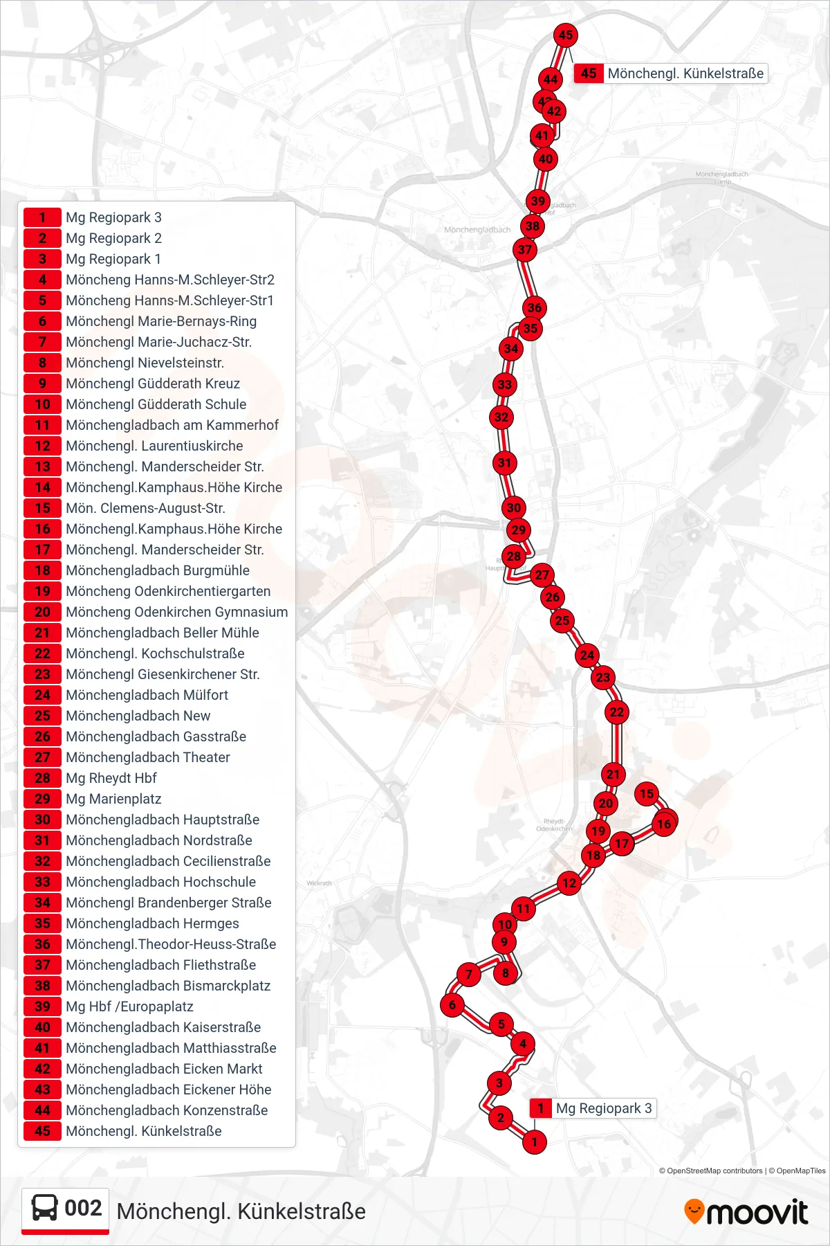 Linie 002 (Bus) Richtung Mönchengl. Künkelstraße: Route und Haltestellen auf der Karte