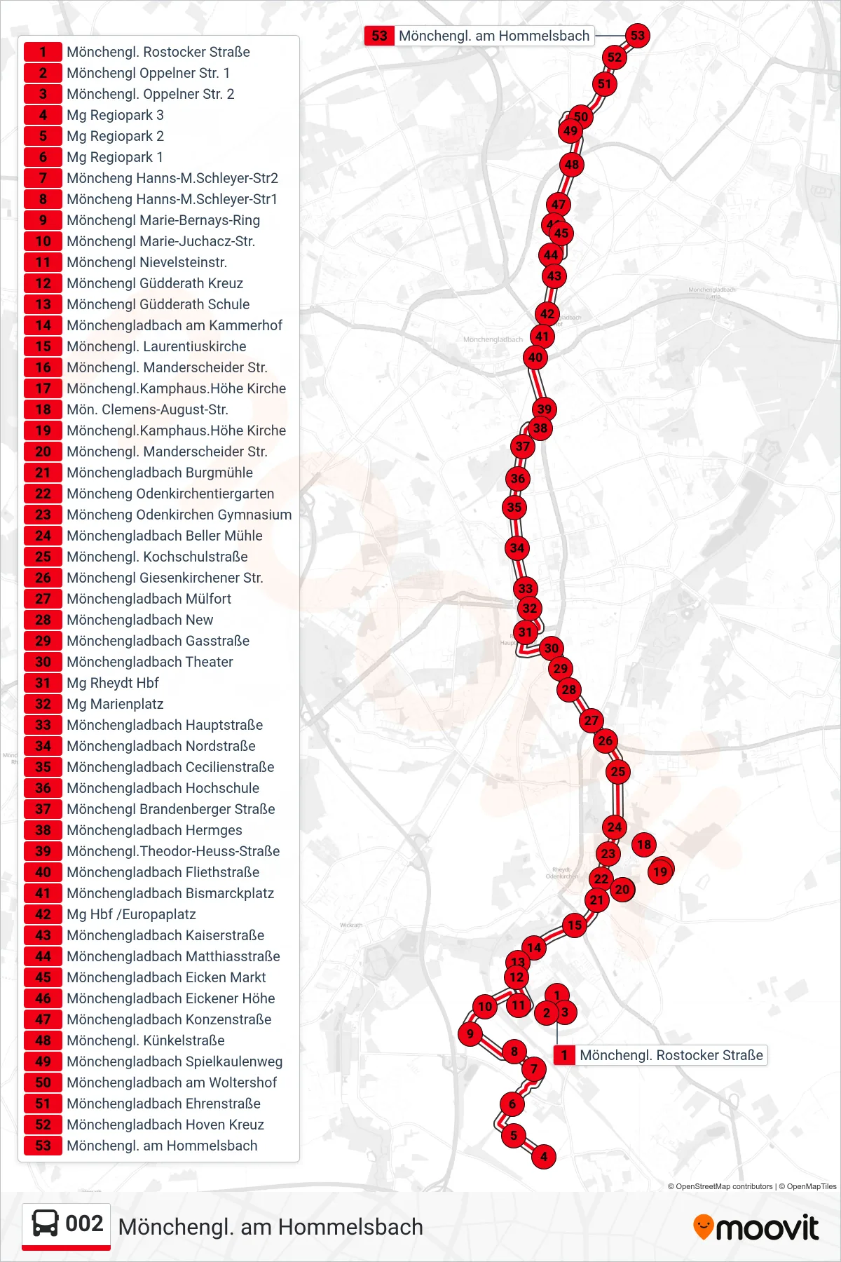 Linie 002 (Bus) Richtung Mönchengl. am Hommelsbach: Route und Haltestellen auf der Karte