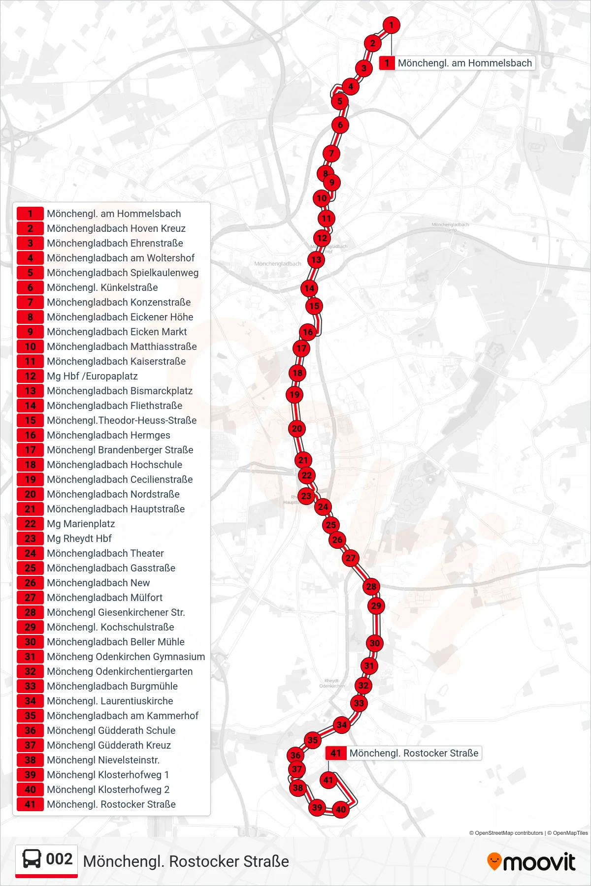 002 bus Line (Mönchengl. Rostocker Straße) route and stops on a map