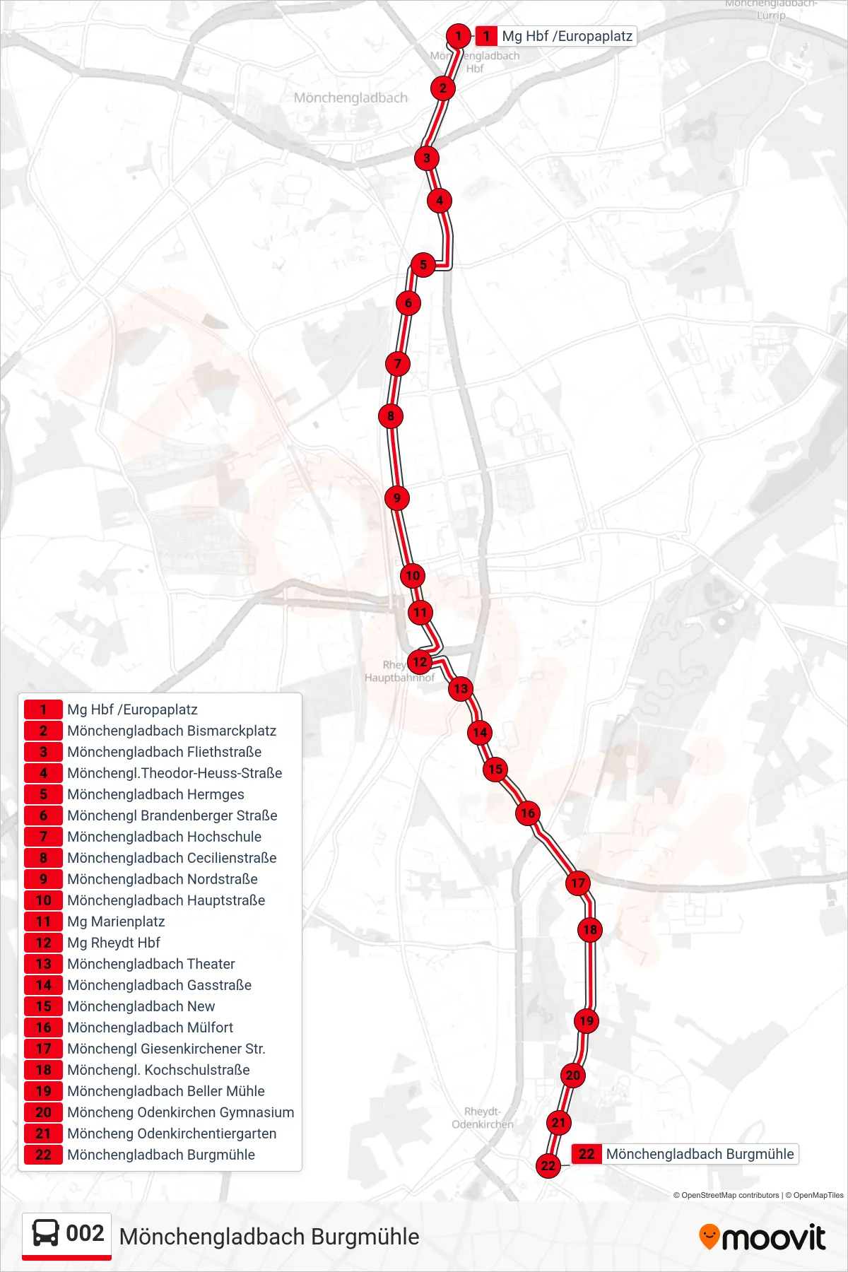Linie 002 (Bus) Richtung Mönchengladbach Burgmühle: Route und Haltestellen auf der Karte