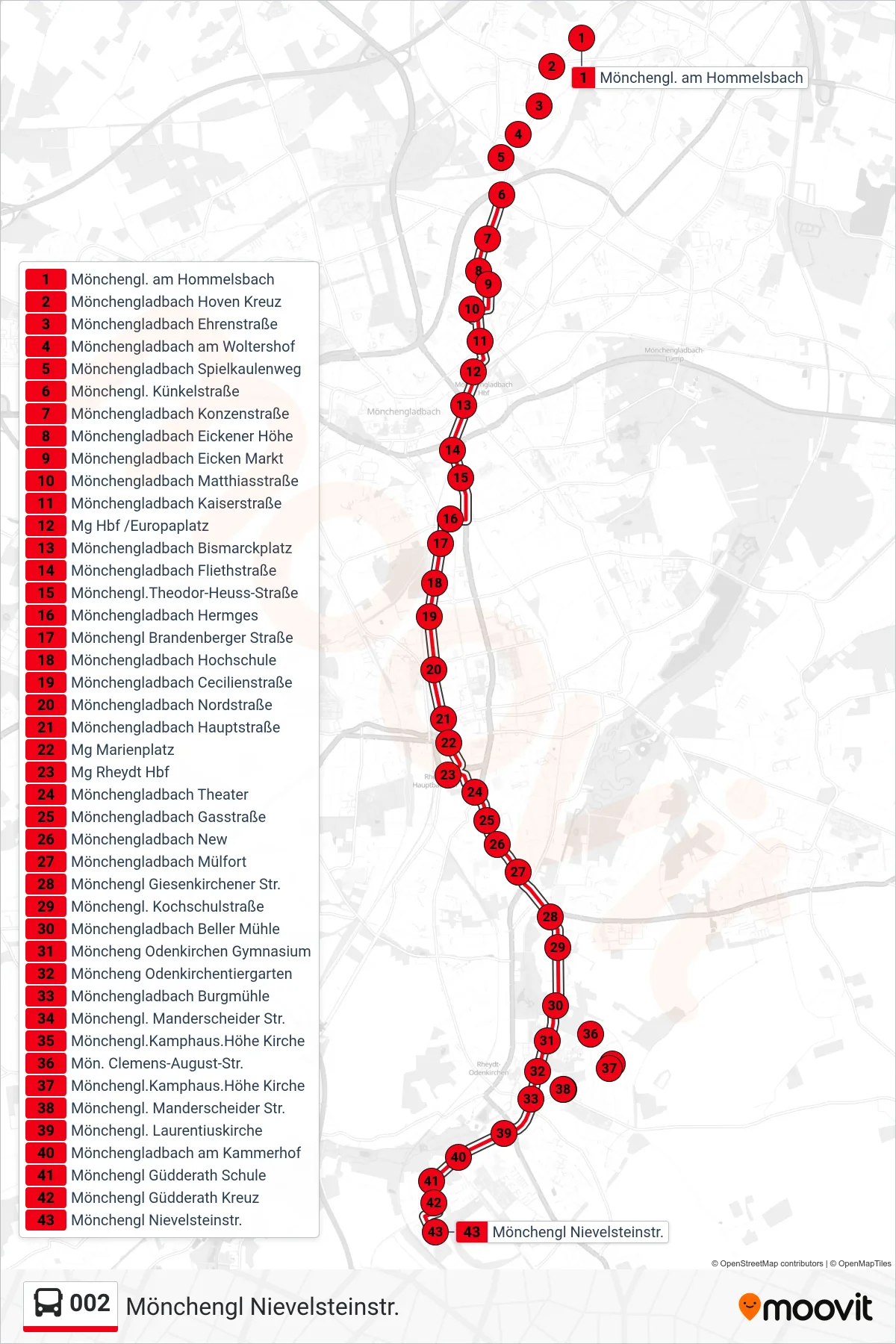 002 bus Line (Mönchengl Nievelsteinstr.) route and stops on a map