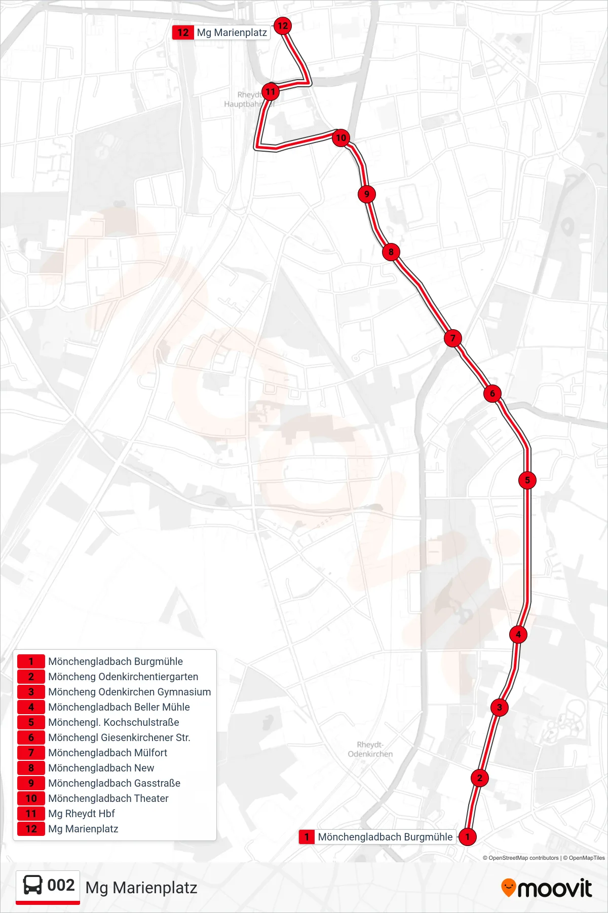 Linie 002 (Bus) Richtung Mg Marienplatz: Route und Haltestellen auf der Karte