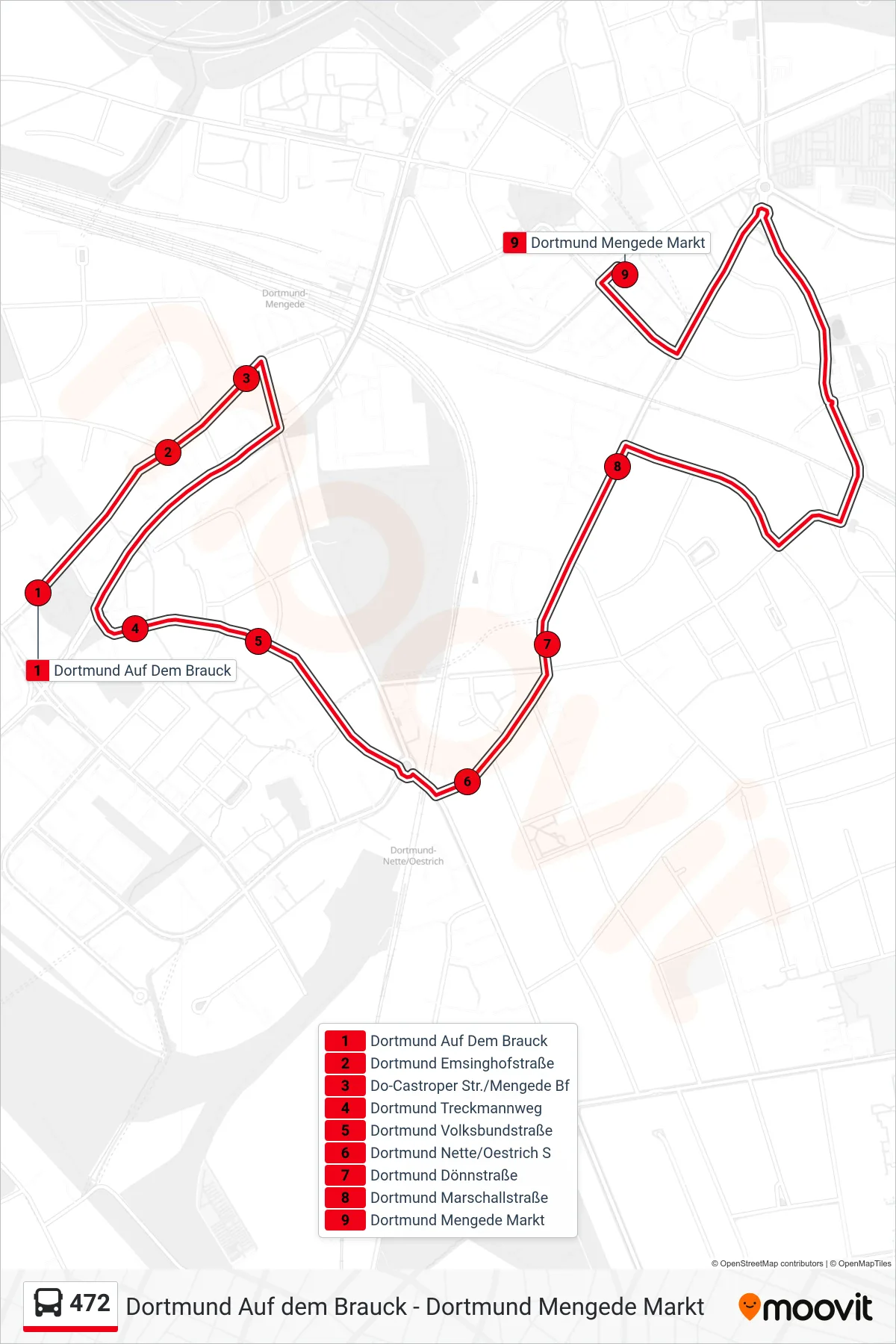 Linie 472 (Bus) Richtung Dortmund Mengede Markt: Route und Haltestellen auf der Karte