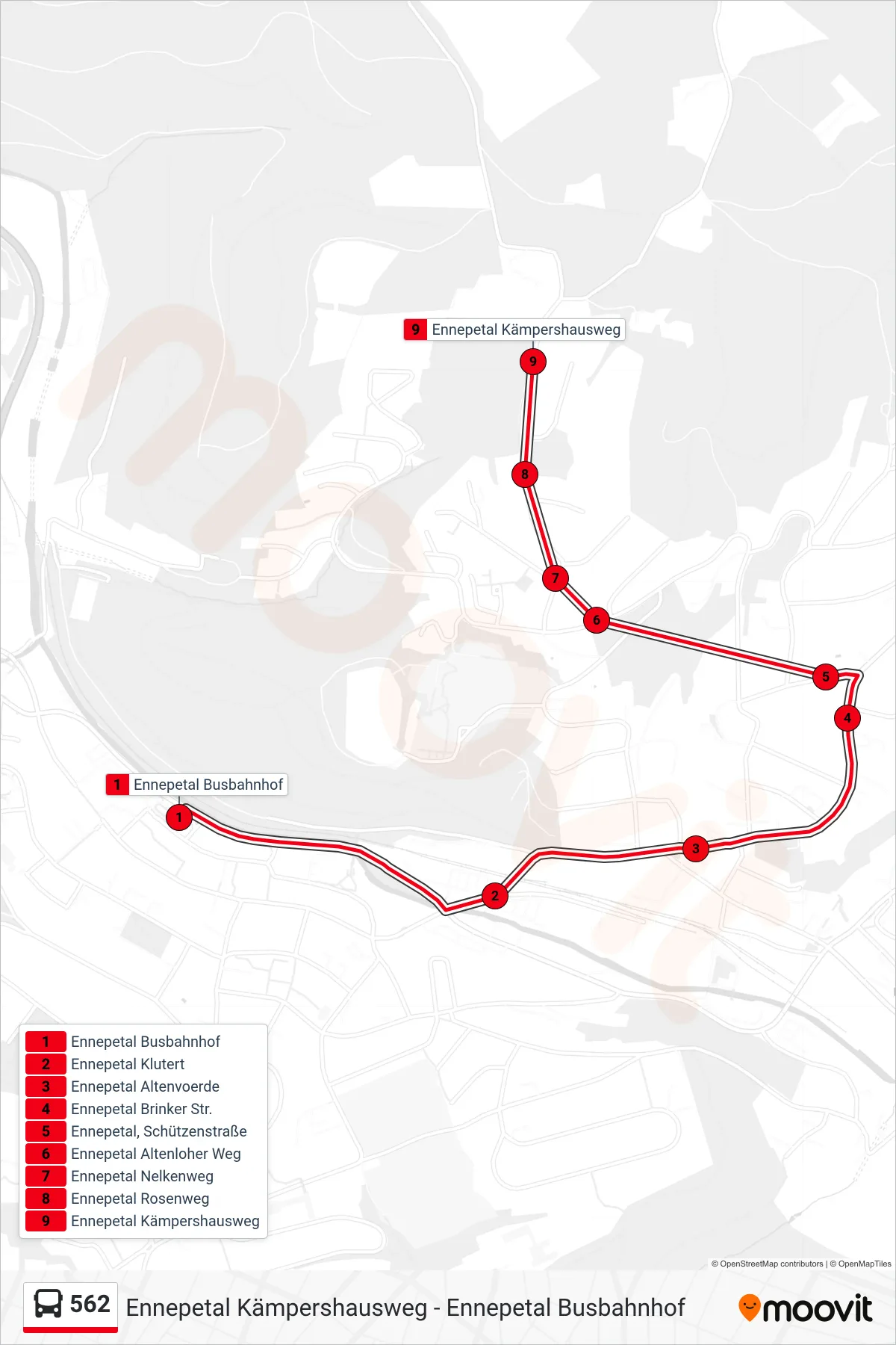 Linie 562 (Bus) Richtung Ennepetal Kämpershausweg: Route und Haltestellen auf der Karte