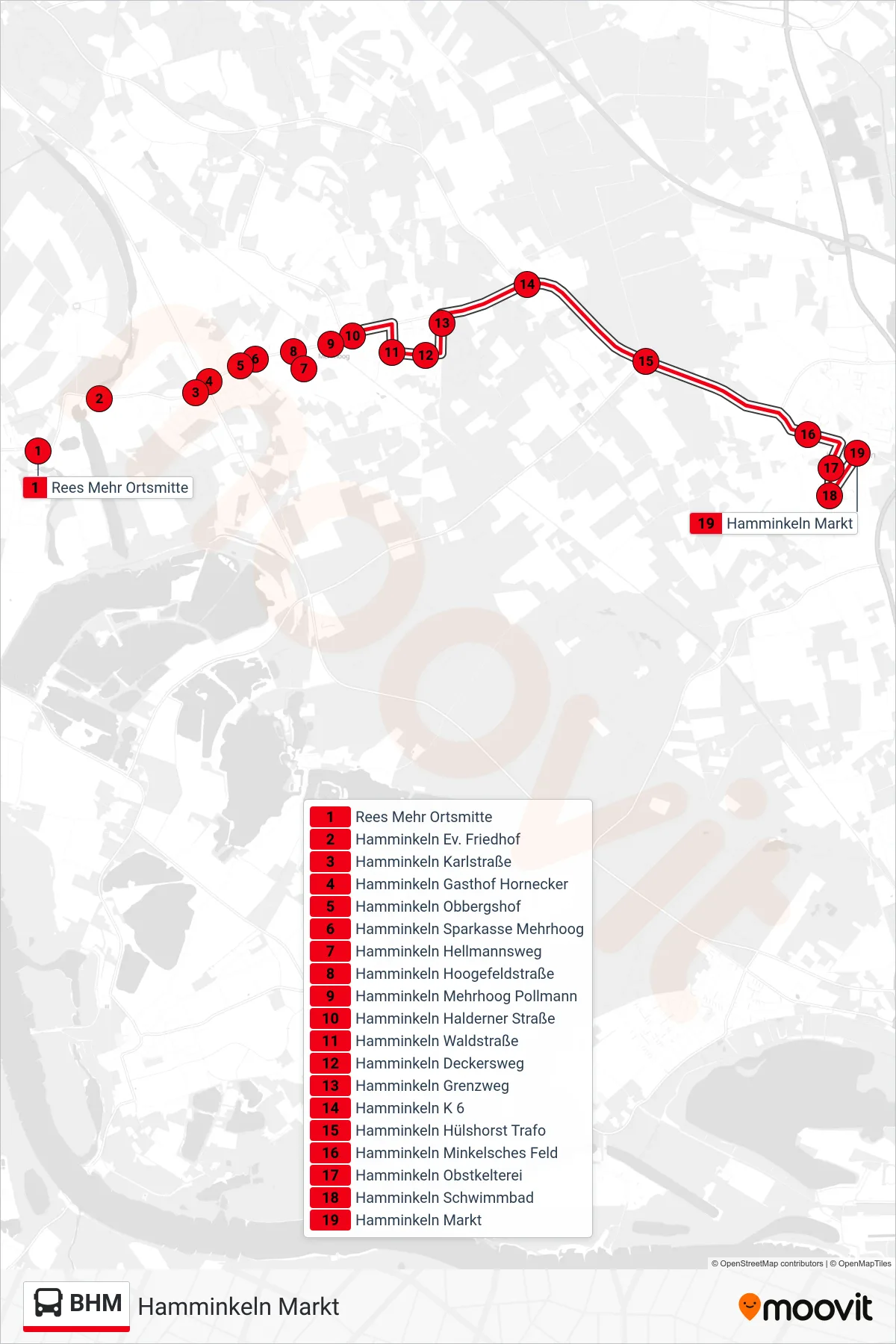 Linie BHM (Bus) Richtung Hamminkeln Markt: Route und Haltestellen auf der Karte