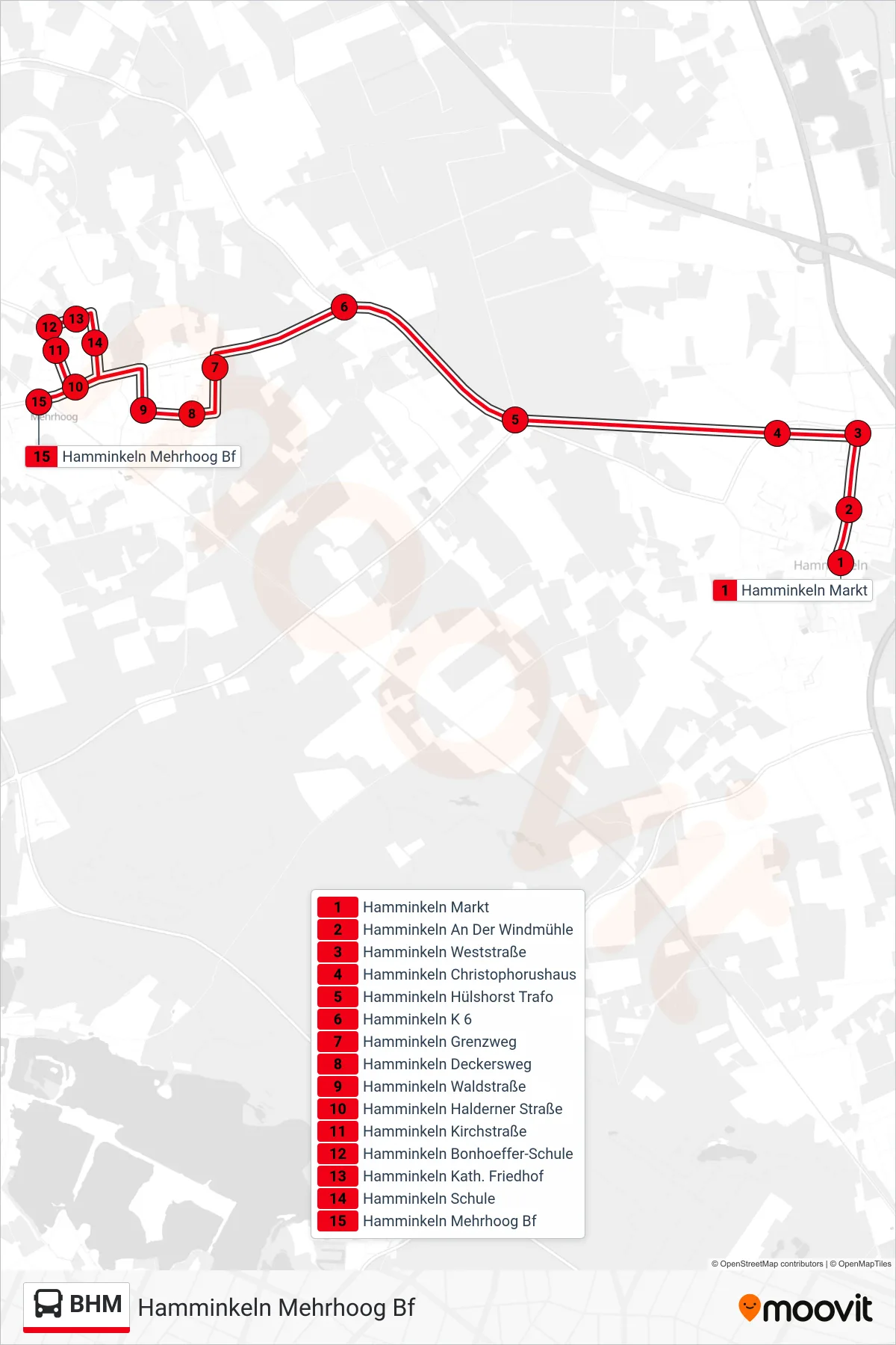 BHM bus Line (Hamminkeln Mehrhoog Bf) route and stops on a map