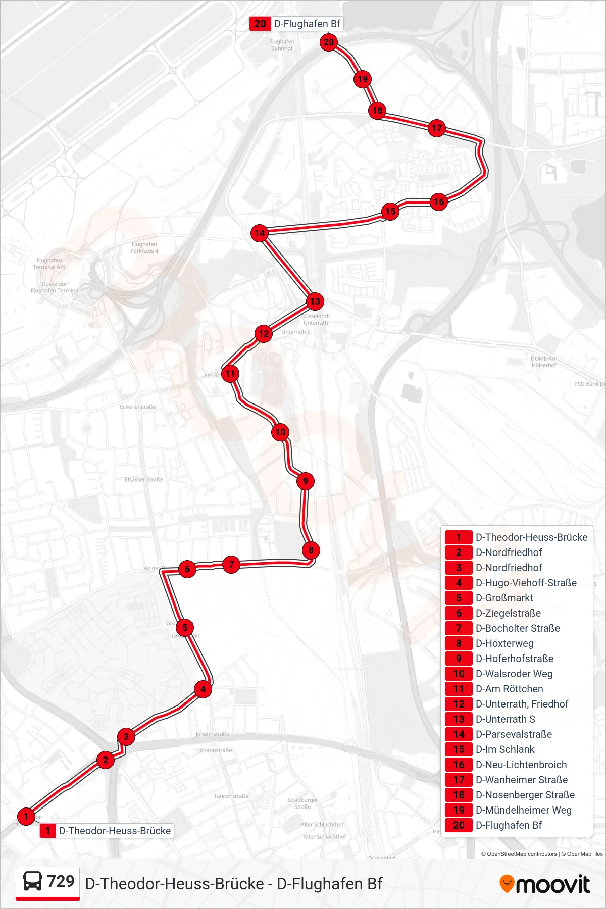 Linie 729 (Bus) Richtung D-Flughafen Bf: Route und Haltestellen auf der Karte