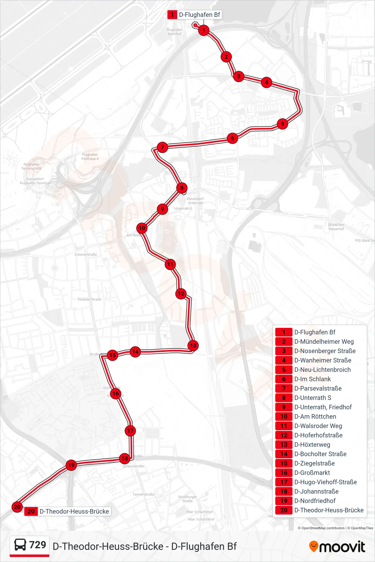 Linie 729 (Bus) Richtung D-Theodor-Heuss-Brücke: Route und Haltestellen auf der Karte
