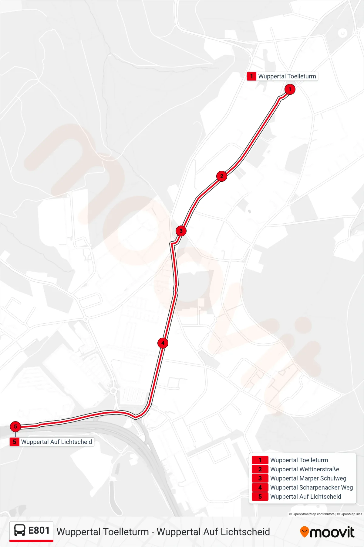 Linie E801 (Bus) Richtung Wuppertal Auf Lichtscheid: Route und Haltestellen auf der Karte