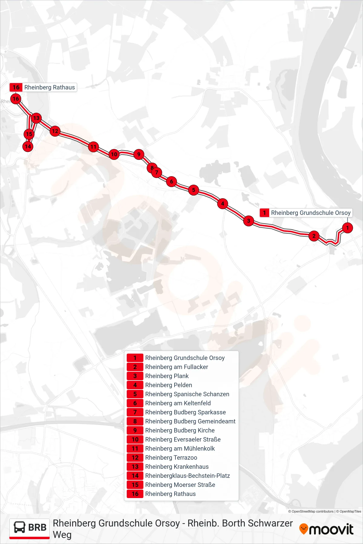 Linie BRB (Bus) Richtung Rheinberg Rathaus: Route und Haltestellen auf der Karte
