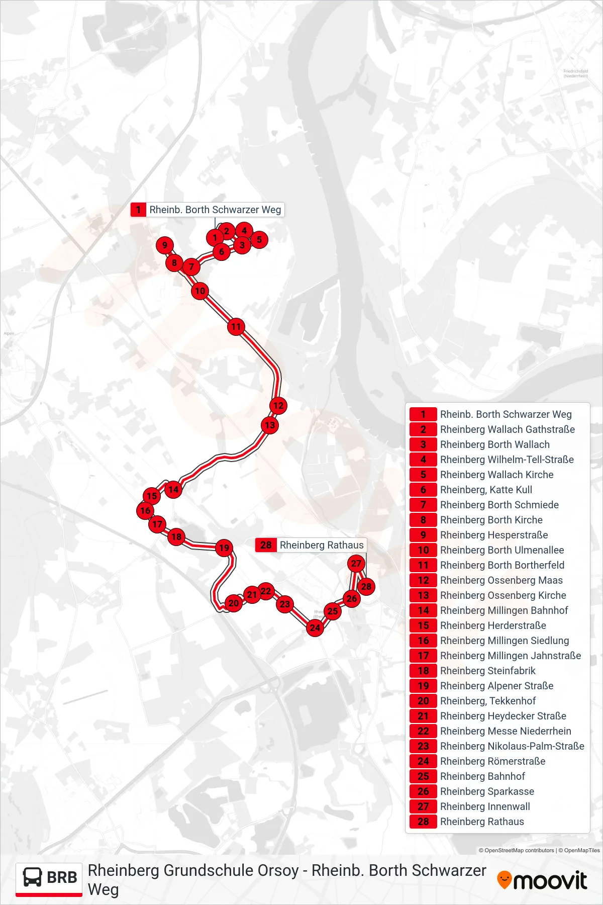 Linie BRB (Bus) Richtung Rheinberg Rathaus: Route und Haltestellen auf der Karte