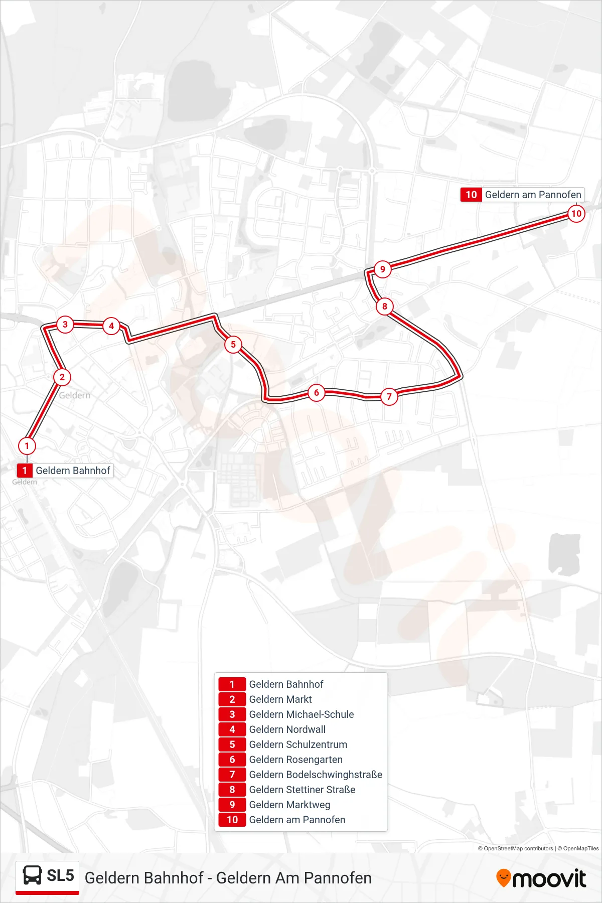 SL5 bus Line (Geldern am Pannofen) route and stops on a map