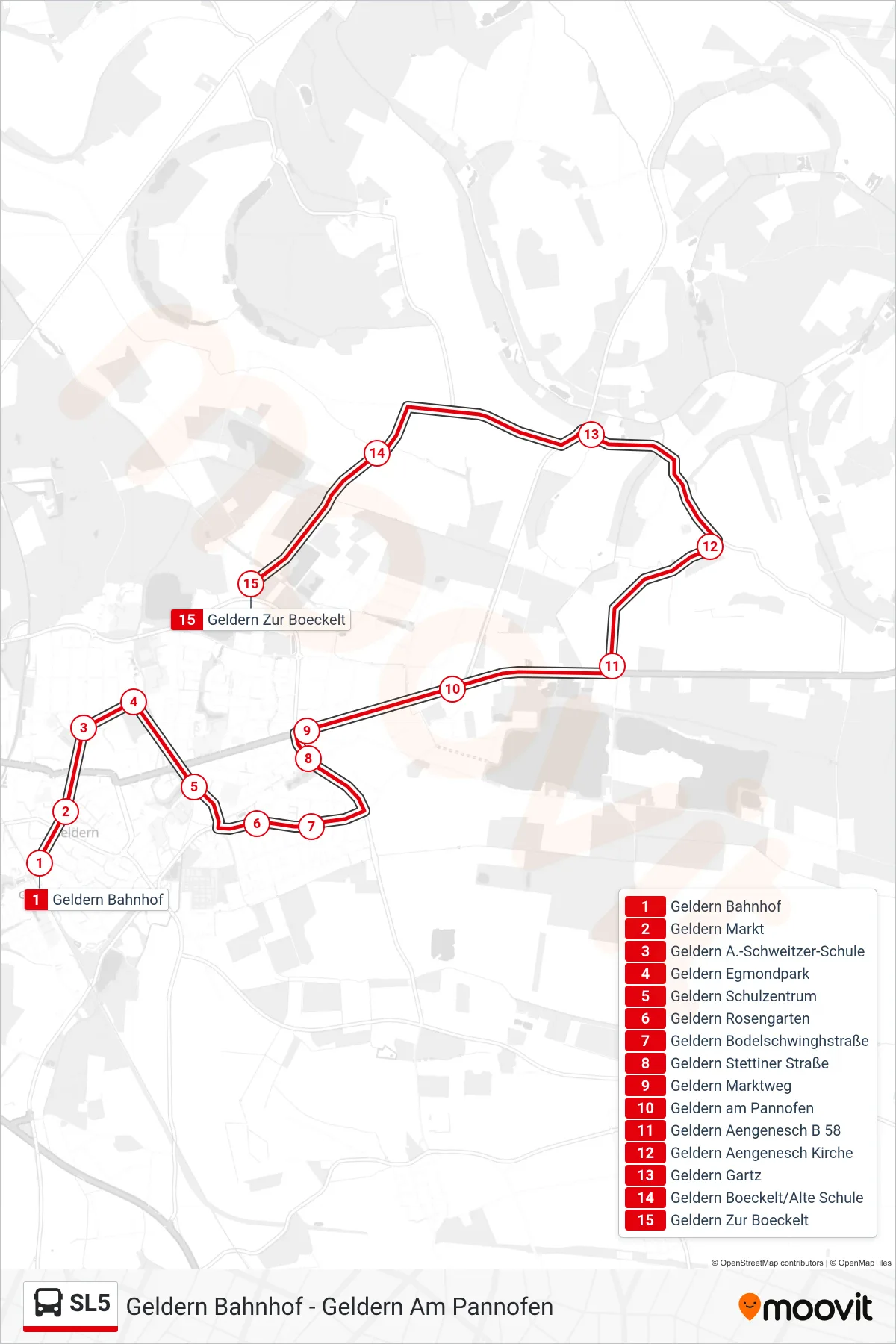 SL5 bus Line (Geldern Zur Boeckelt) route and stops on a map