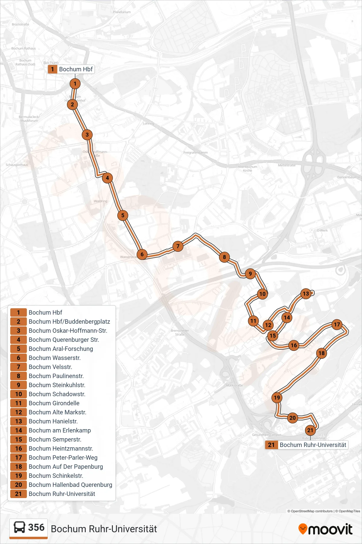 Linie 356 (Bus) Richtung Bochum Ruhr-Universität: Route und Haltestellen auf der Karte